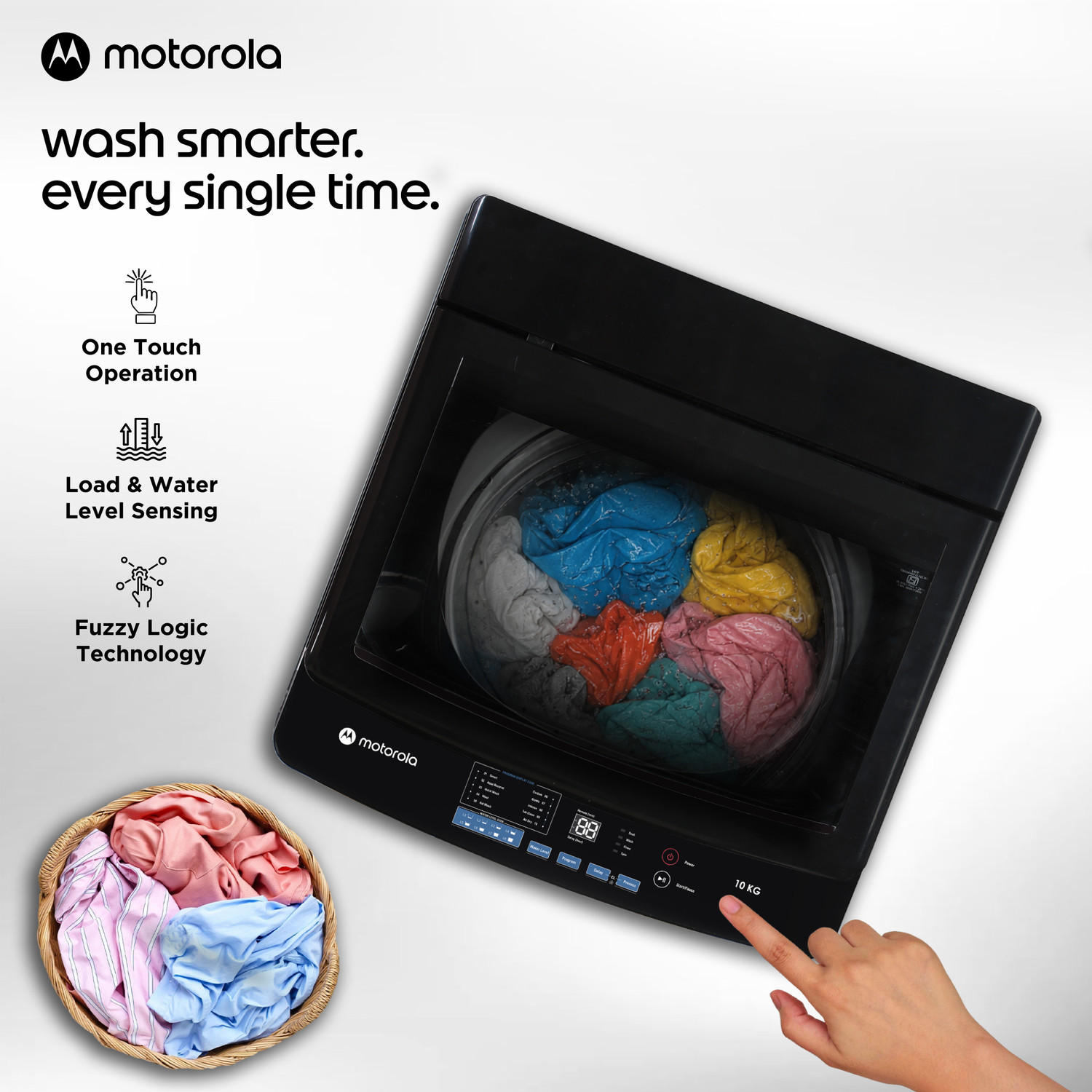 Image of MOTOROLA 10 kg Fully Automatic Top Load Washing Machine with In-built Heater Black