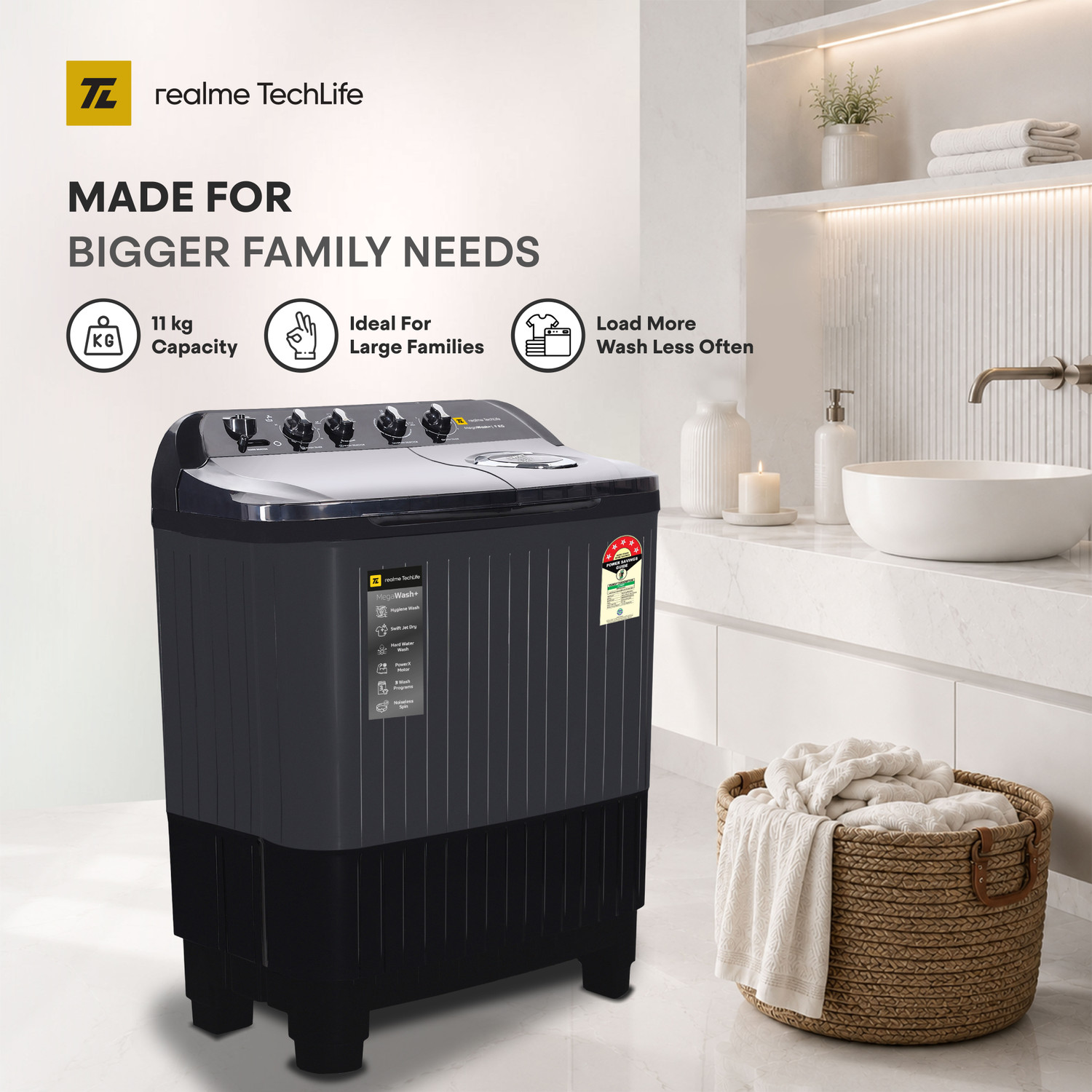 Image of realme TechLife 9 kg Semi Automatic Top Load Washing Machine Black, Grey