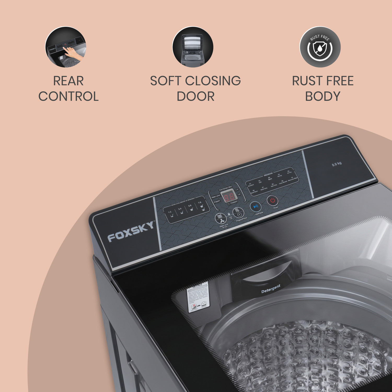 Image of FOXSKY 8 kg Fully Automatic Top Load Washing Machine Grey