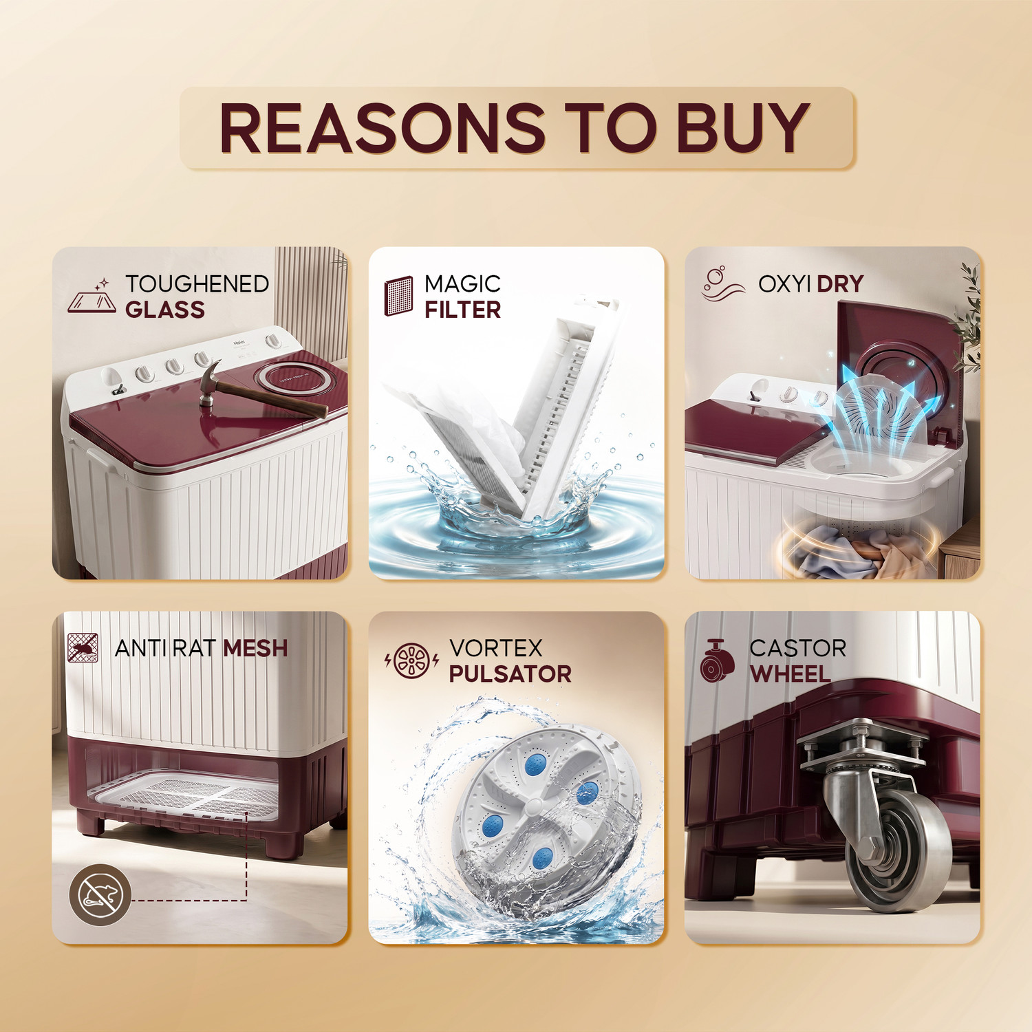 Image of Haier 11 kg Vortex Pulsator, Oxyi Dry, Magic Filter, Anti Rat Mesh & Castor Wheels Semi Automatic Top Load Washing Machine Maroon, White