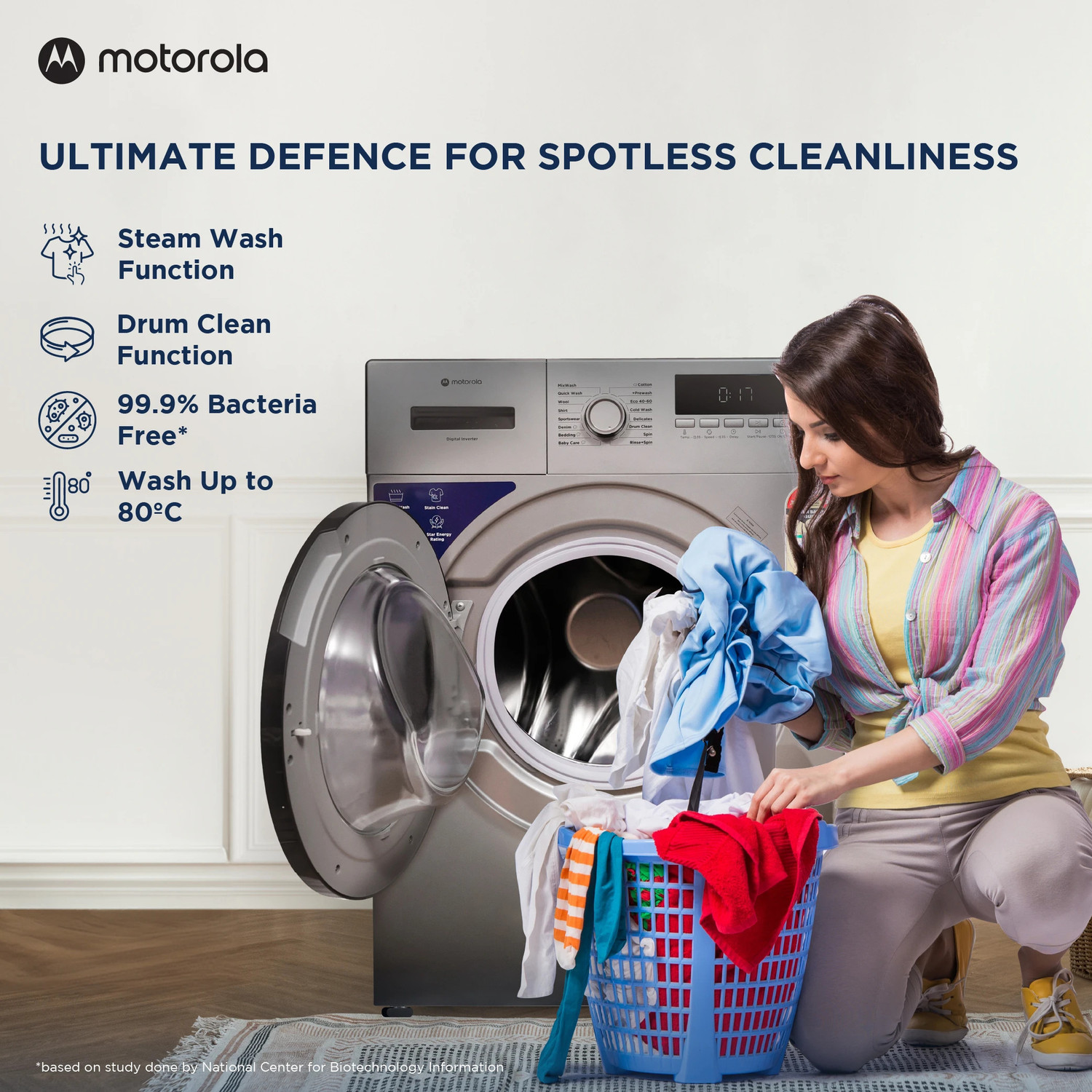 Image of MOTOROLA 10.5 kg Fully Automatic Front Load Washing Machine with In-built Heater Grey