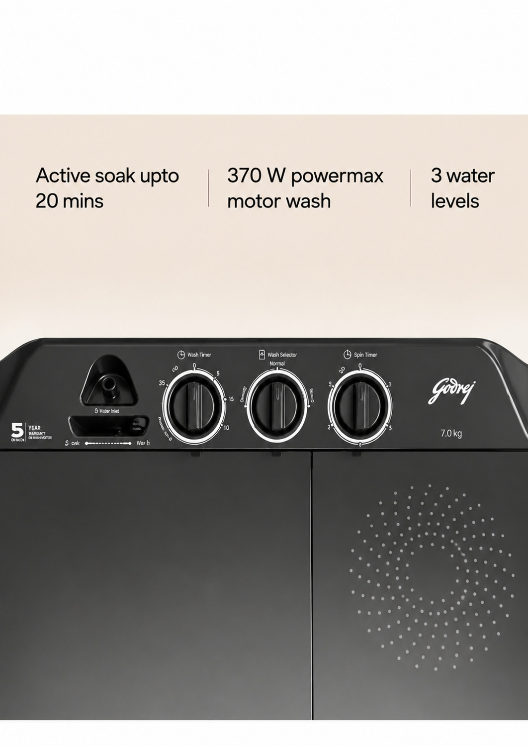 Image of Godrej 7.5 kg Semi Automatic Top Load Washing Machine Black, Grey