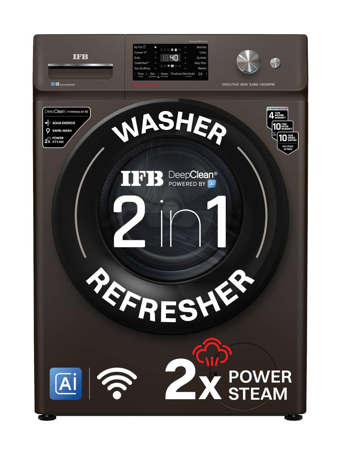 IFB 9 kg with 9 Swirl Wash, 2x Power Steam, 30 Min Steam Refresh Program, Eco Inverter Motor, WiFi Enabled, DeepClean Powered by Ai Fully Automatic Front Load Washing Machine with In-built Heater Brown