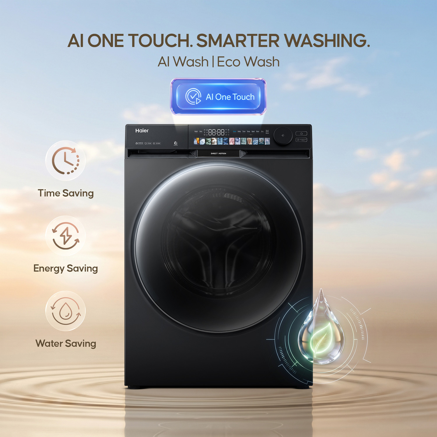 Image of Haier 12 kg 5 Star with AI Premium Color Panel, One-Touch Smart Wash, Fabric Detection, Stain Remover Pro, Inbuilt Heater, WiFi Enabled, Washer Fully Automatic Front Load Washing Machine with In-built Heater Black