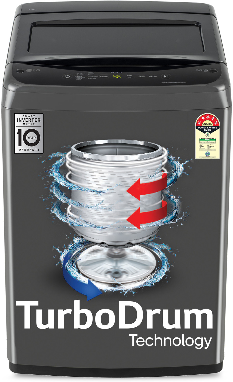 Image of LG 7.5 kg 5 Star, Smart Inverter Technology, TurboDrum, Smart Diagnosis Fully Automatic Top Load Washing Machine Grey