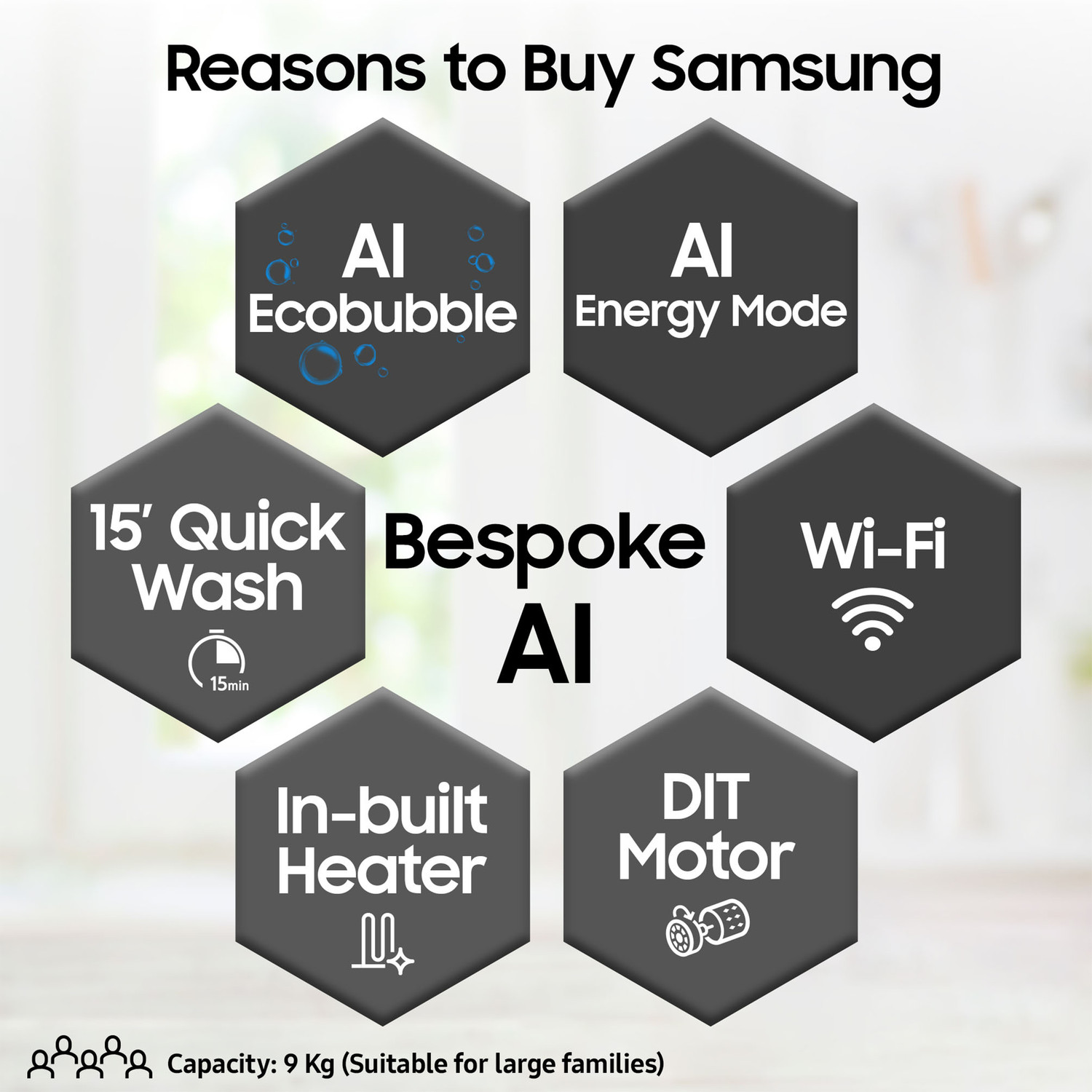 Image of Samsung 9 kg 5 Star, AI Ecobubble, Super Speed, Wi-Fi, Hygiene Steam, Digital Inverter Motor Fully Automatic Front Load Washing Machine with In-built Heater Grey