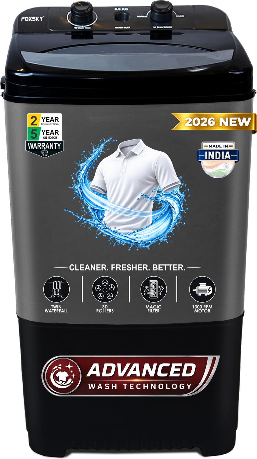 Image of FOXSKY 8.5 kg Semi Automatic Top Load Washing Machine Black