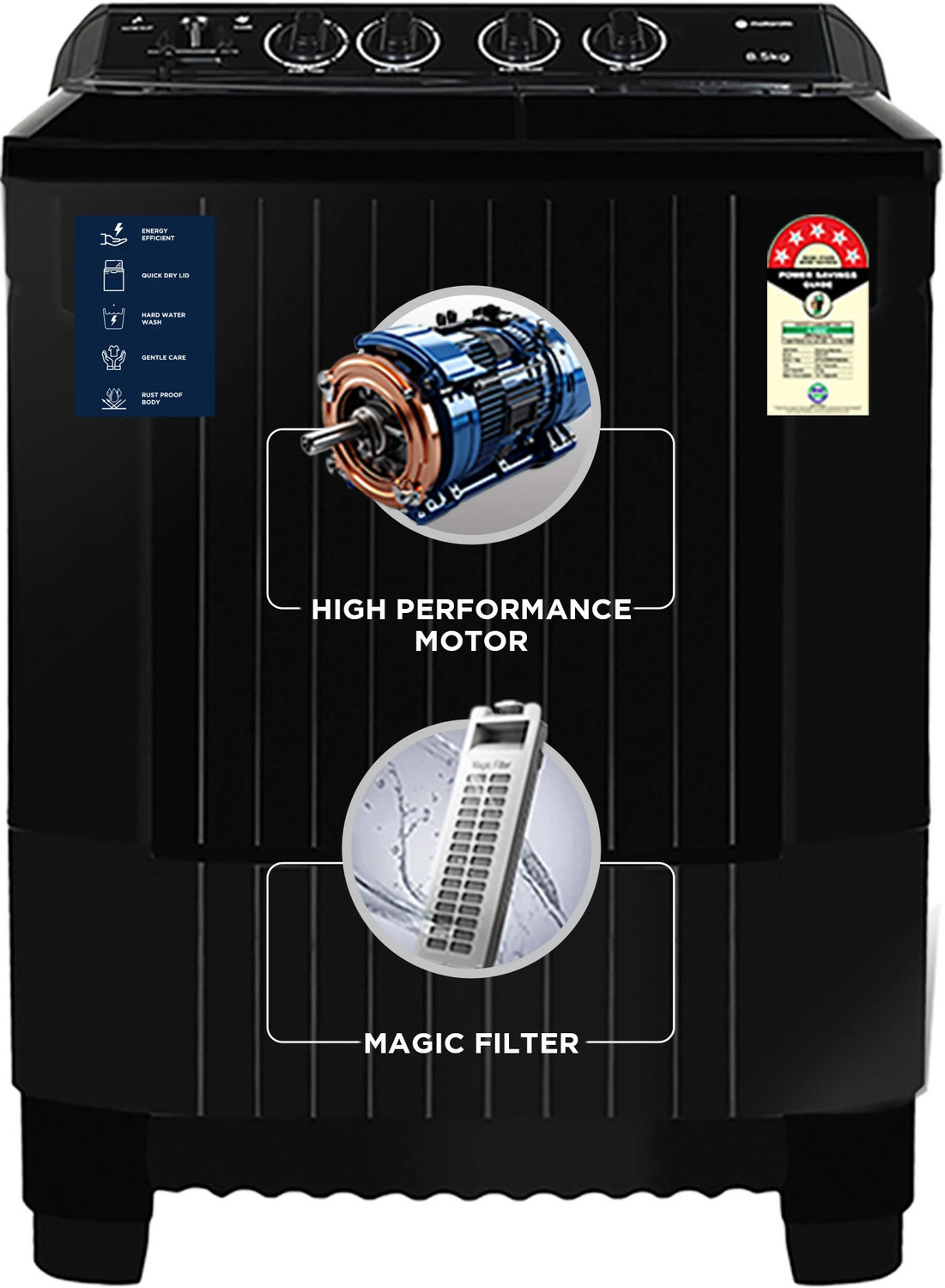 Image of MOTOROLA 8.5 kg 5 star rating Midnight Series Semi Automatic Top Load Washing Machine Black