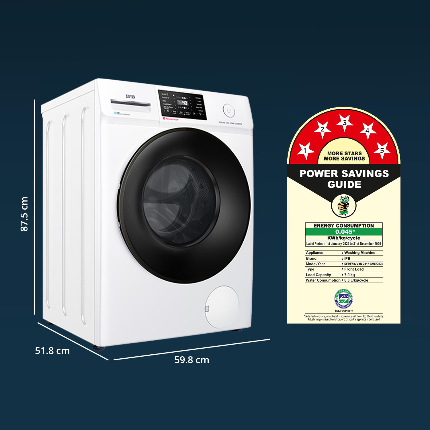 Image of IFB 7 kg 5 Star with Steam Refresh Program, 9 Swirl wash, Eco Inverter, Powered by AI with Wi Fi Fully Automatic Front Load Washing Machine with In-built Heater White