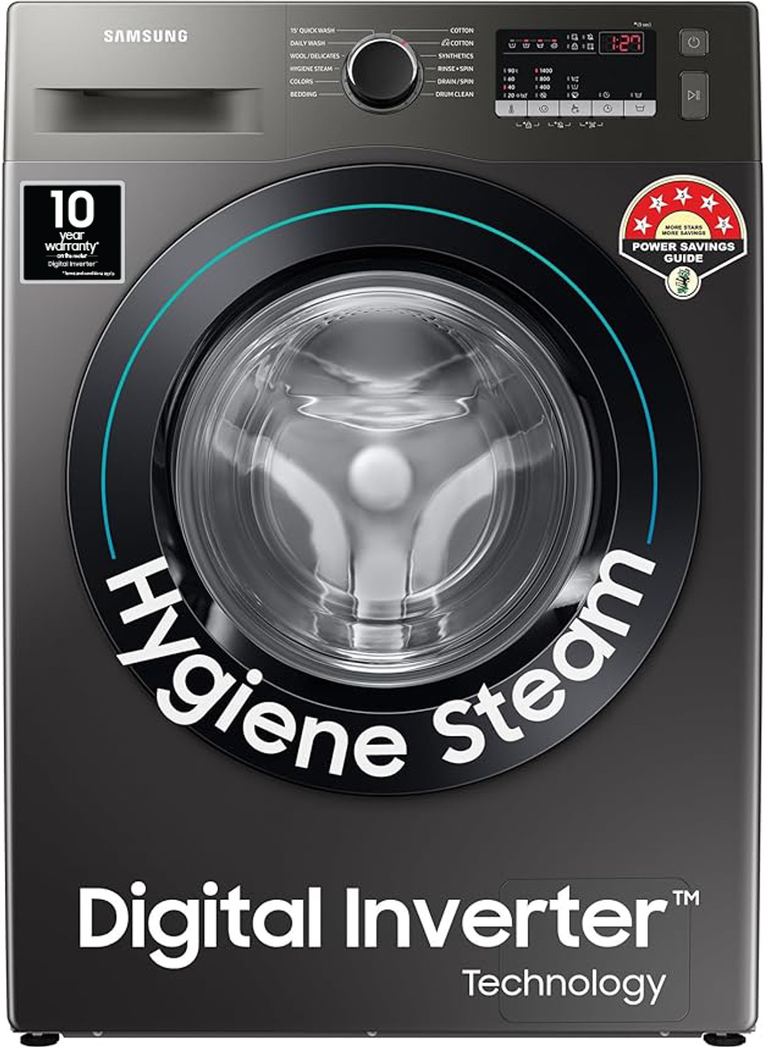 Image of Samsung 9 kg 5 Star, Digital Inverter Motor, Hygiene Steam, Fully Automatic Front Load Washing Machine Black