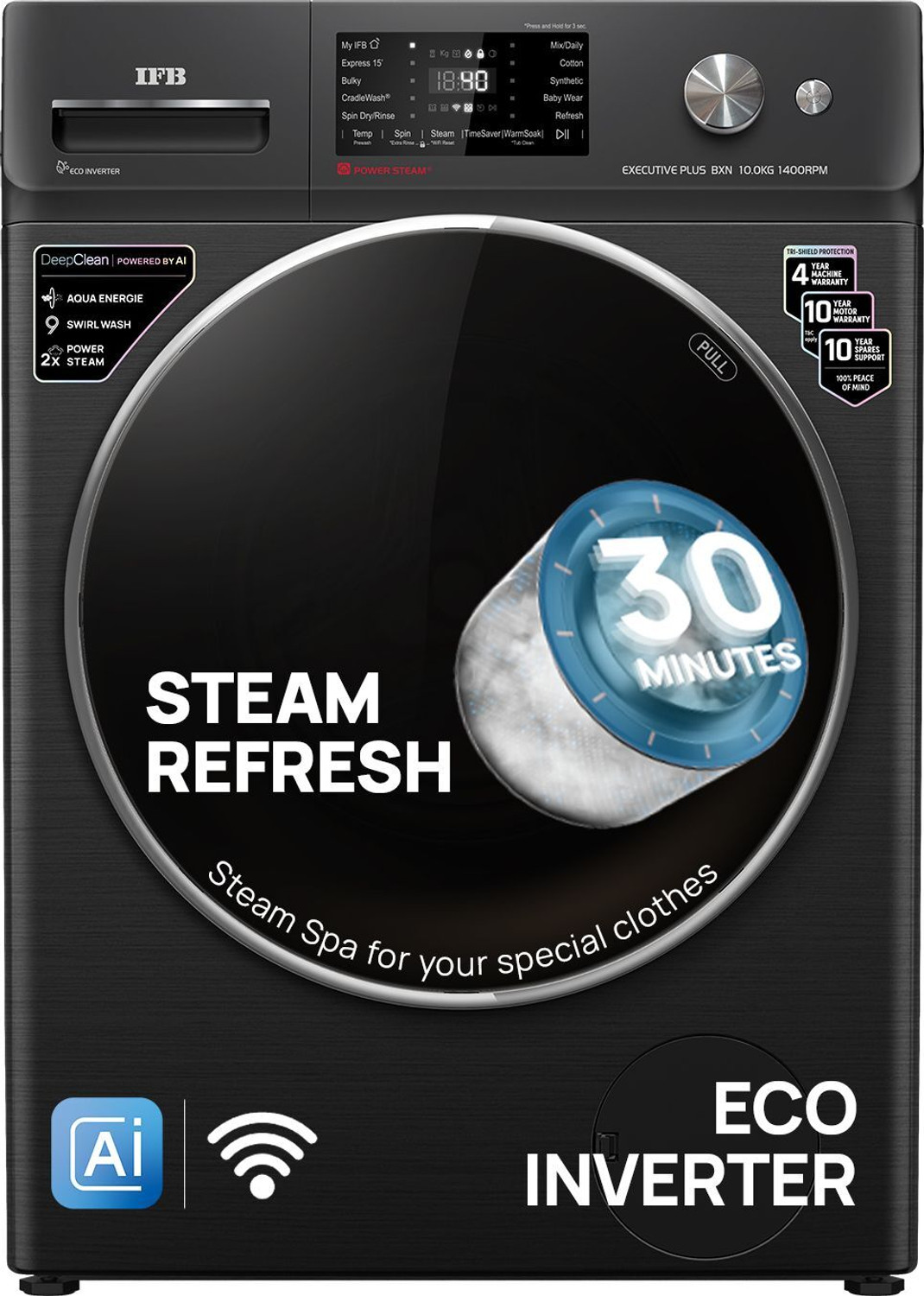 Image of IFB 10 kg 5 Star with Steam Refresh Program, 9 Swirl wash, Eco Inverter, Powered by AI with WiFi Fully Automatic Front Load Washing Machine with In-built Heater Black