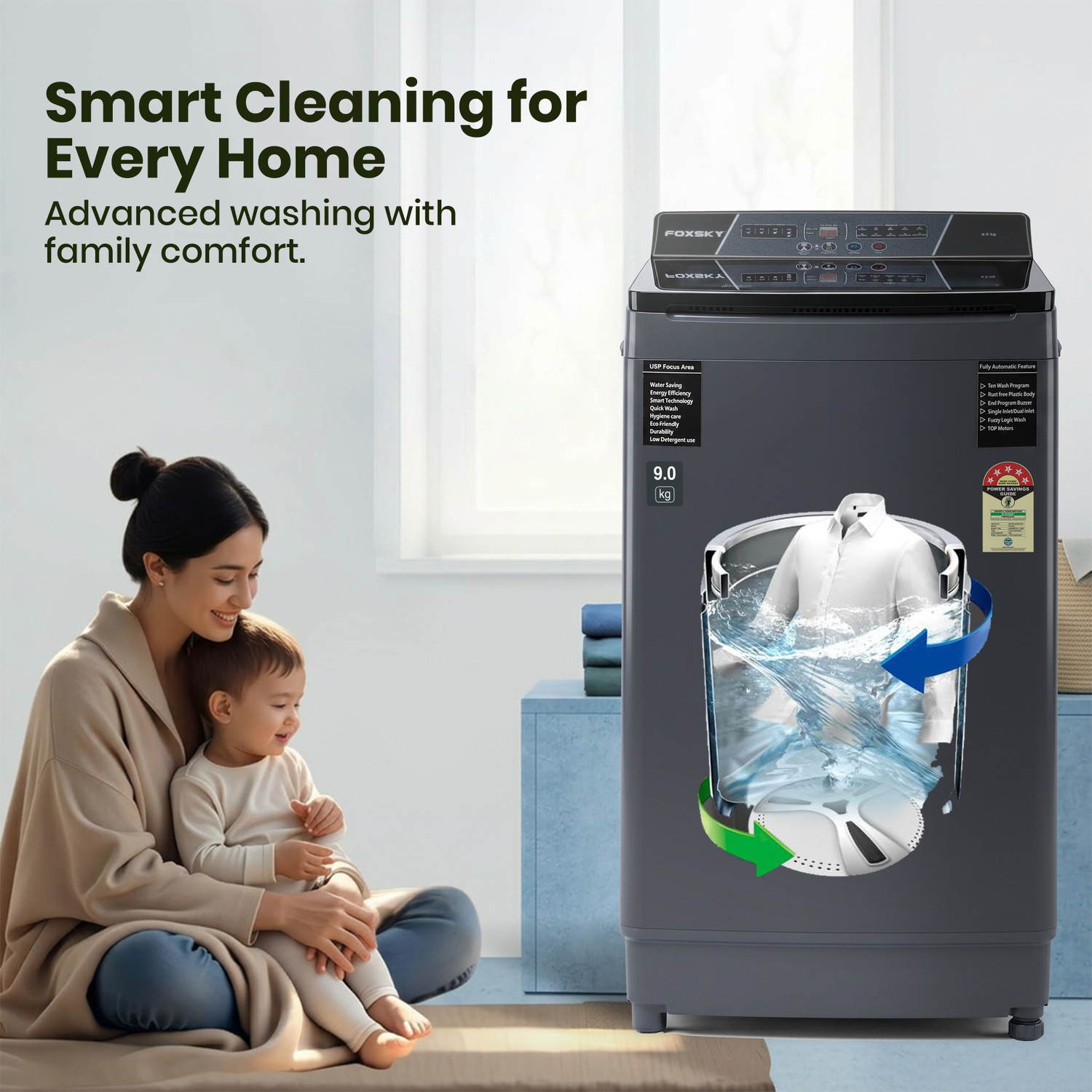 Image of FOXSKY 9 kg Fully Automatic Top Load Washing Machine Grey