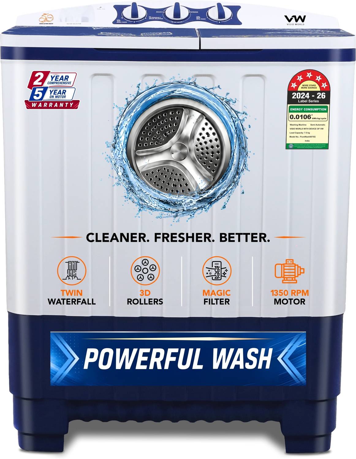 VW 7.5 kg Semi Automatic Top Load Washing Machine White, Blue