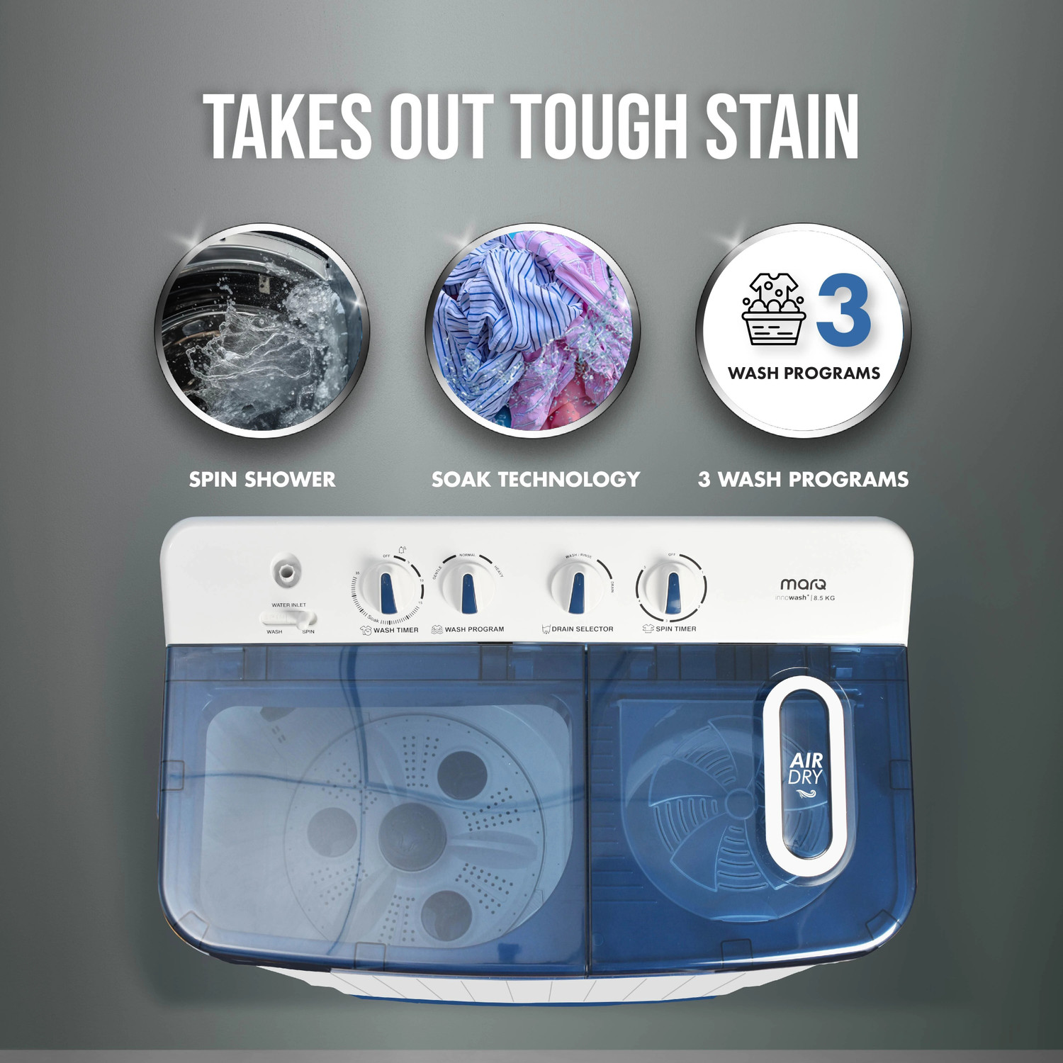 Image of MarQ by Flipkart 8.5 kg 5 Star Rating Innowash Range Semi Automatic Top Load Washing Machine Blue, White