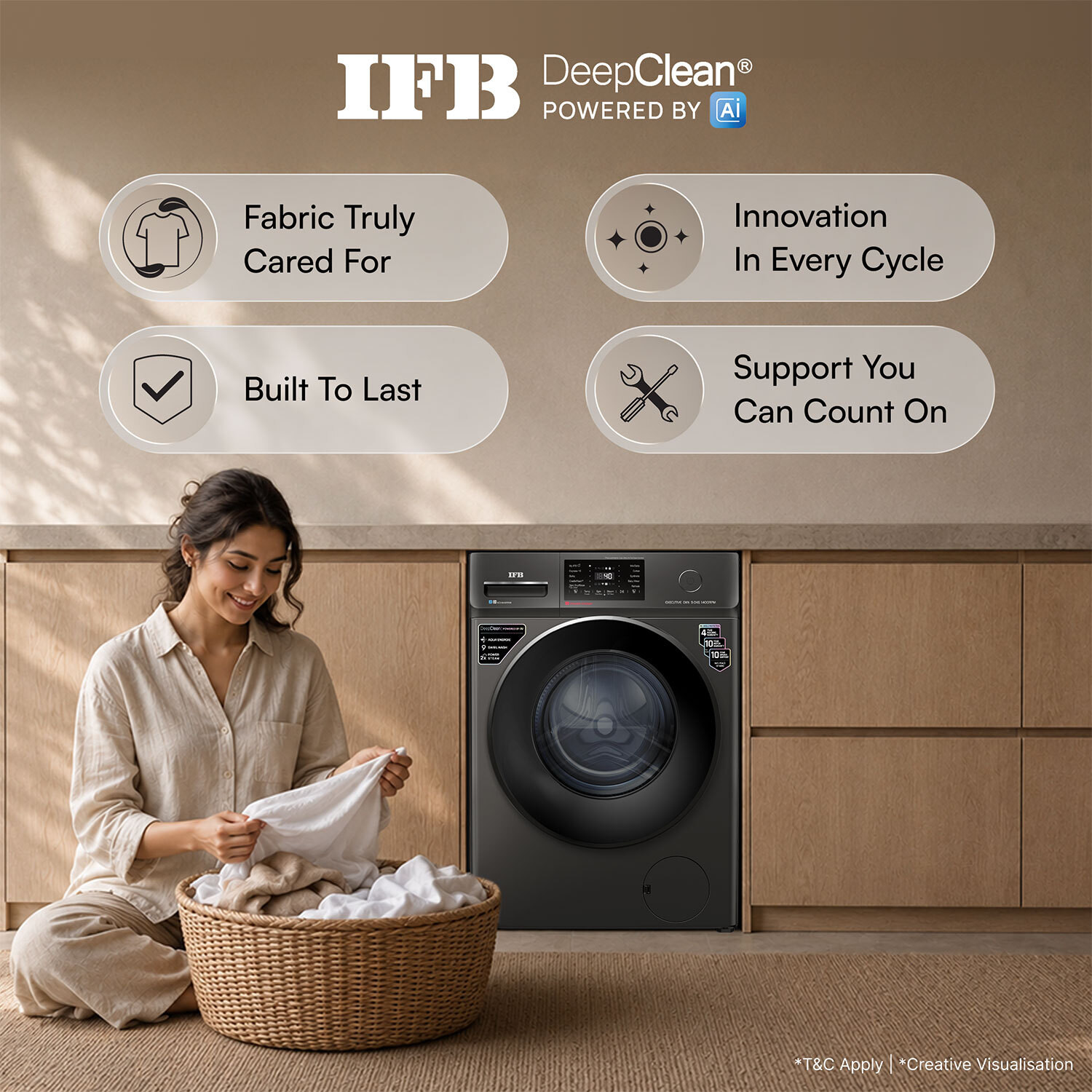 Image of IFB 9 kg with 9 Swirl Wash, 2x Power Steam, 30 Min Steam Refresh Program, Eco Inverter Motor, WiFi Enabled, DeepClean Powered by Ai Fully Automatic Front Load Washing Machine with In-built Heater Black