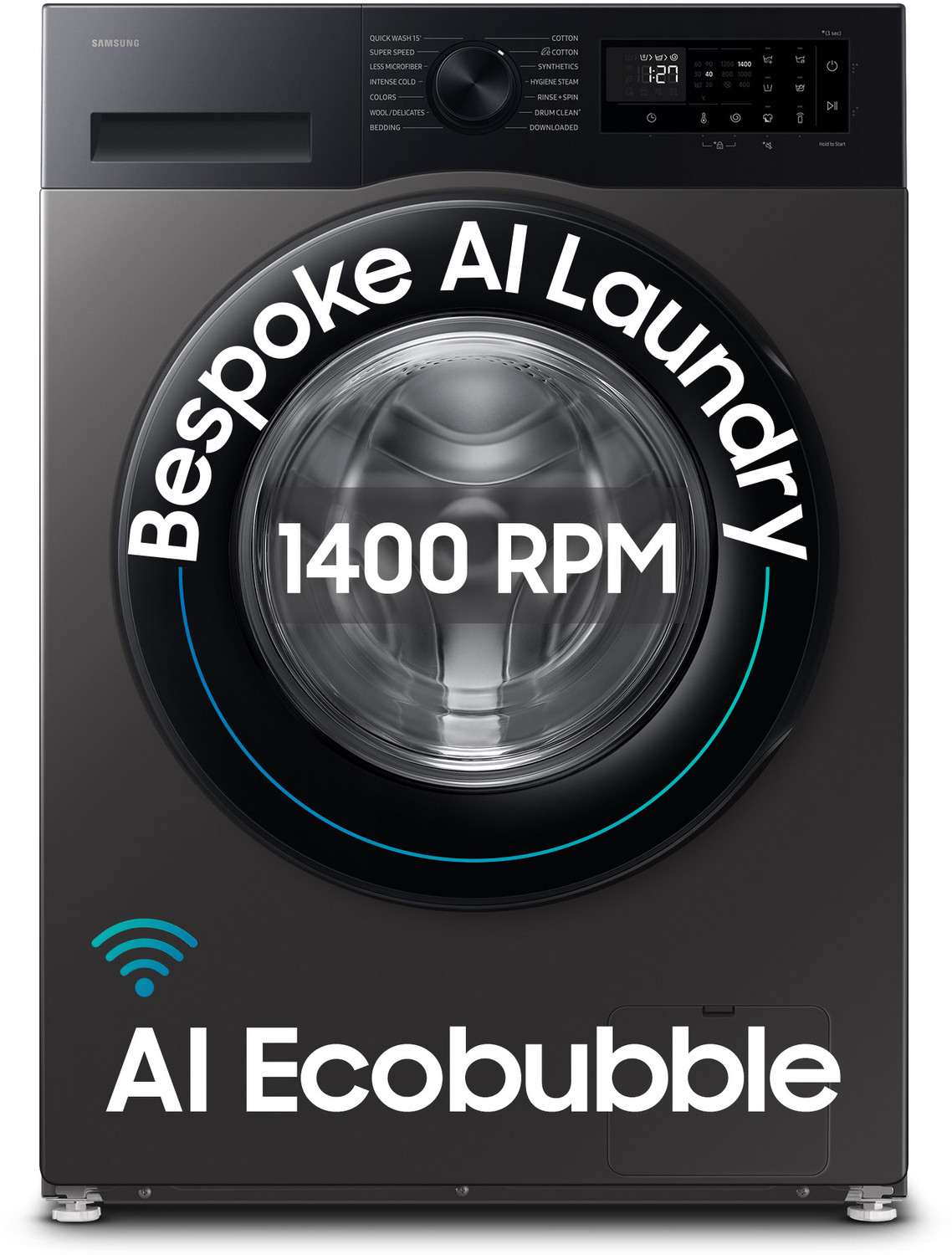Image of Samsung 9 kg 5 Star, AI Ecobubble, Super Speed, Wi-Fi, Hygiene Steam, Digital Inverter Motor Fully Automatic Front Load Washing Machine with In-built Heater Grey