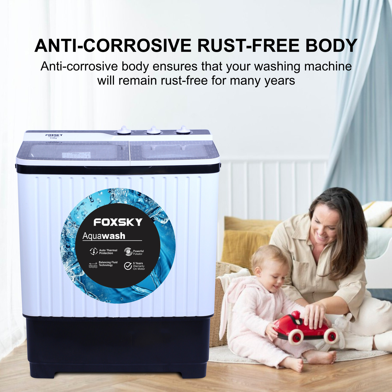 Image of FOXSKY 8 kg Semi Automatic Top Load Washing Machine White, Black