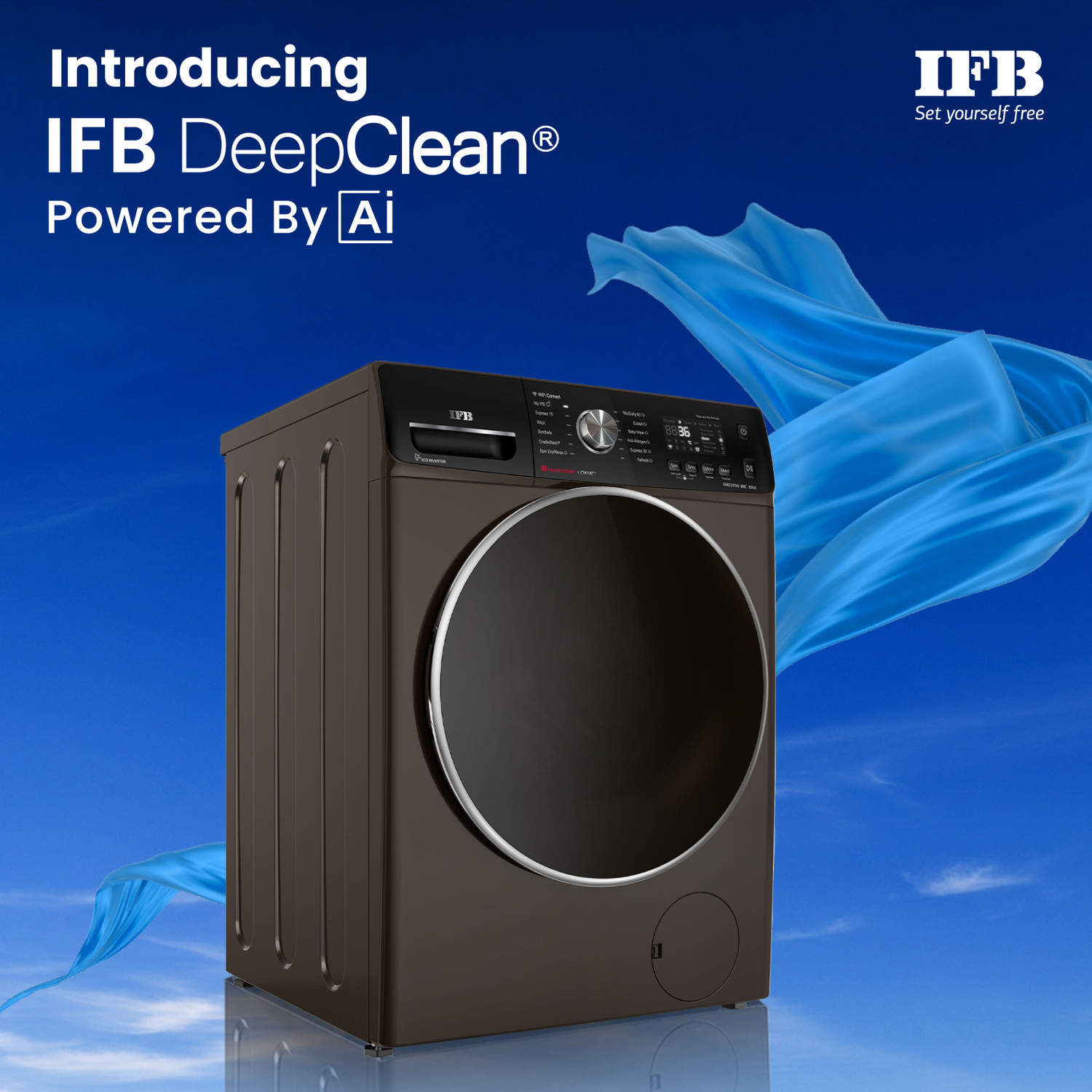 Image of IFB 9 kg with Steam 5 Star AI Powered Eco Inverter with Wi-Fi EnabledOxyjet� 9 Swirl Wash Fully Automatic Front Load Washing Machine with In-built Heater Brown