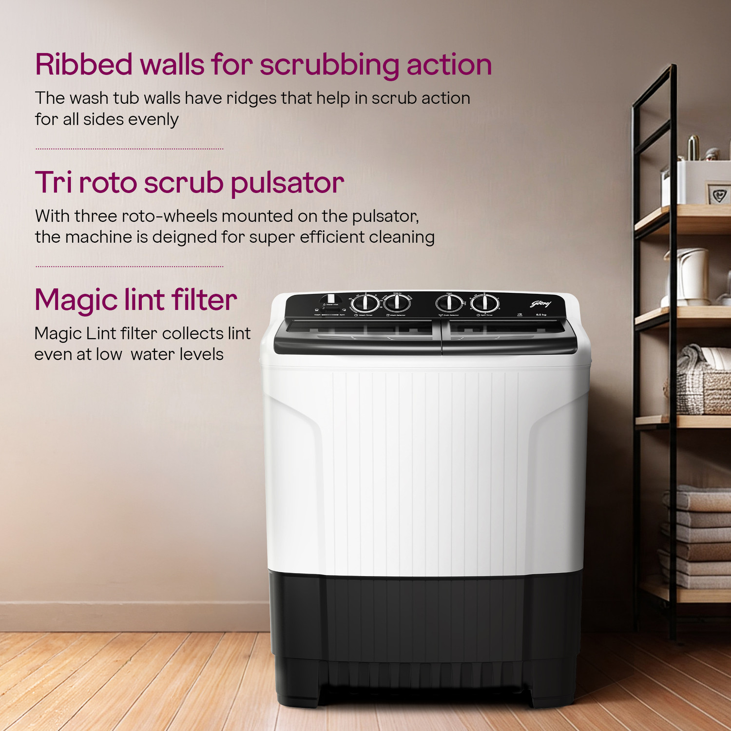 Image of Godrej 8.5 kg Semi Automatic Top Load Washing Machine White