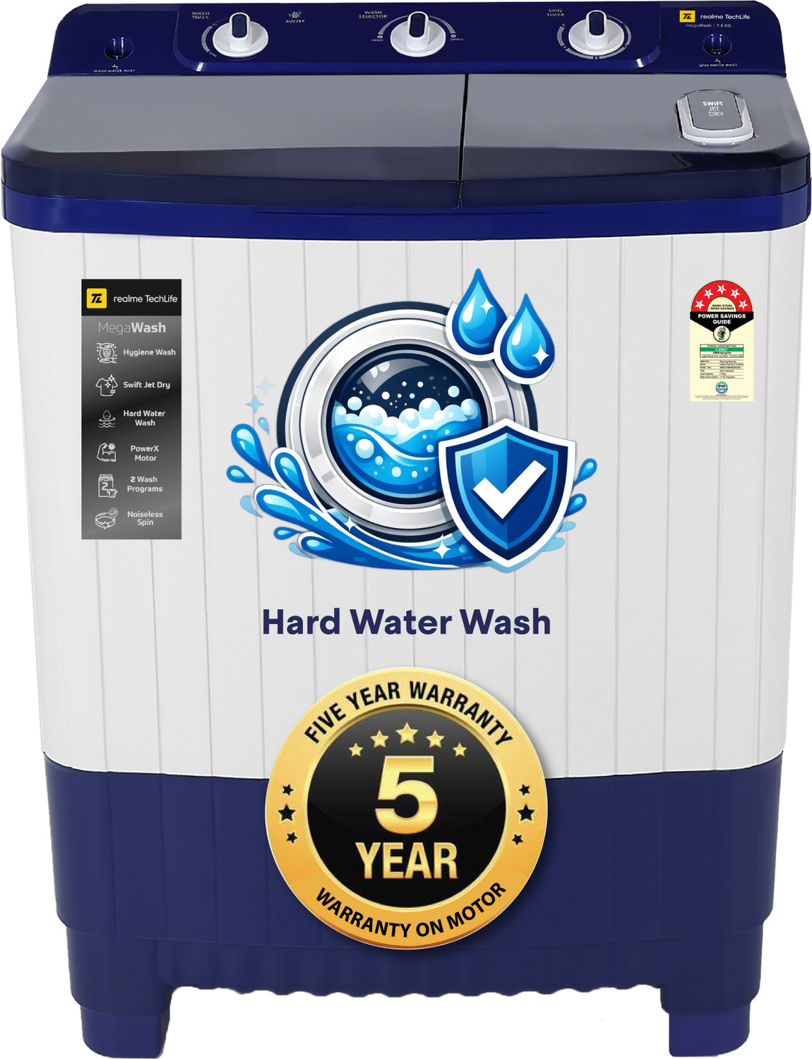 Image of realme TechLife 7.5 kg Semi Automatic Top Load Washing Machine Blue, White