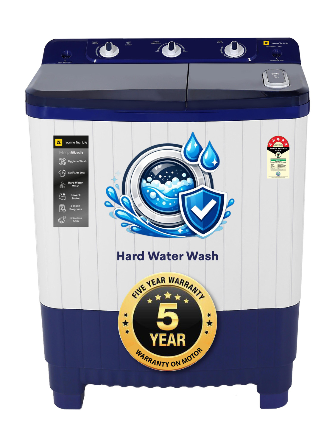 Image of realme TechLife 7.5 kg with Swift Jet Dry Semi Automatic Top Load Washing Machine Blue, White