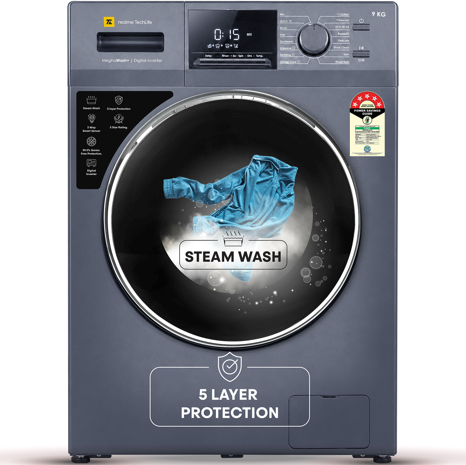 Image of realme TechLife 9 kg Fully Automatic Front Load Washing Machine with In-built Heater Blue