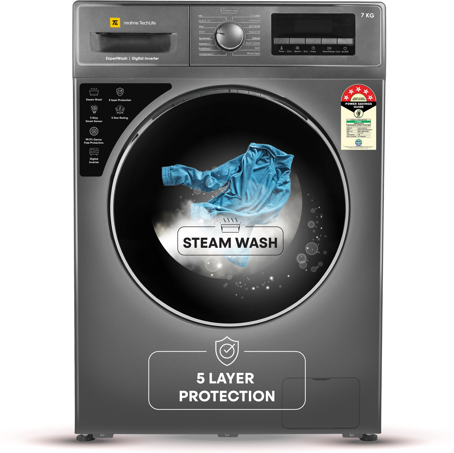 Image of realme TechLife 7 kg Fully Automatic Front Load Washing Machine with In-built Heater Grey