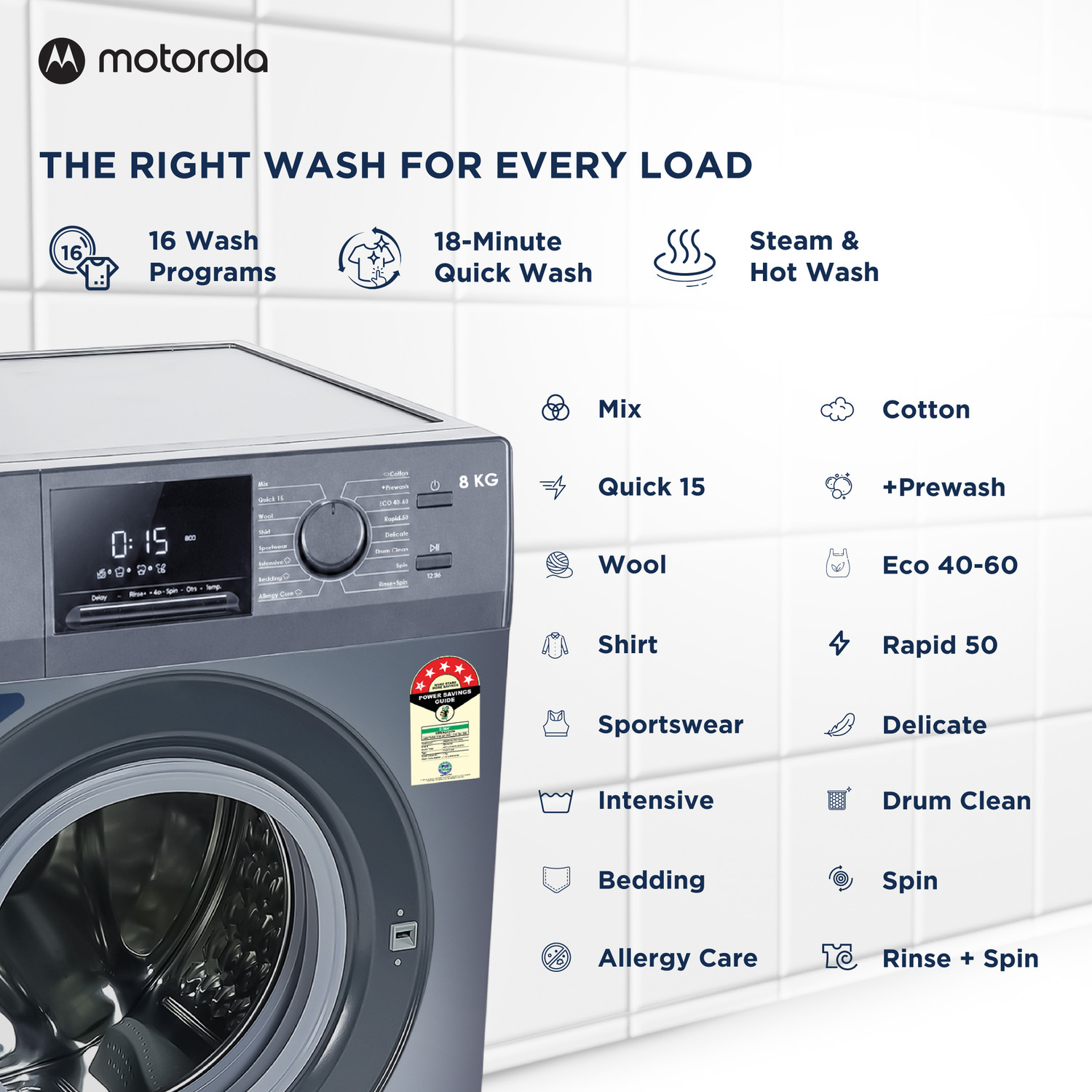 Image of MOTOROLA 8 kg Fully Automatic Front Load Washing Machine with In-built Heater Blue