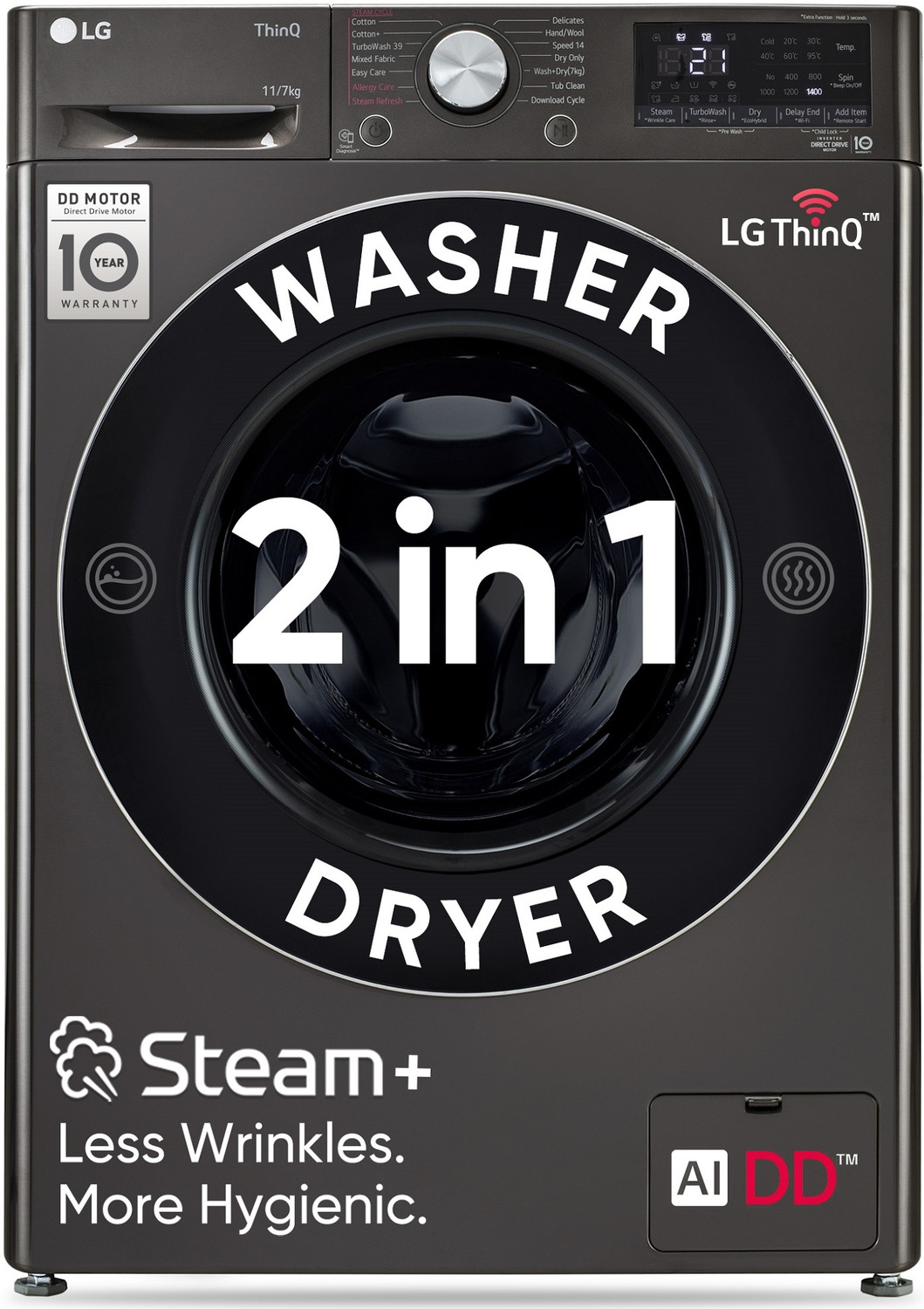 Image of LG 11 /7 kg Washer with Dryer AI Direct Drive Technology, Wi-Fi Enabled , Reduce allergens & wrinkles with Steam+ cycles, TurboWash Ready to Wear Clothes, Optimal wash for different fabrics & In-built Heater Black, Grey