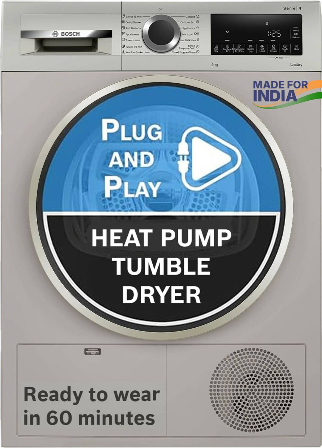 BOSCH 9 kg Tumble Dryer with In-built Heater Grey
