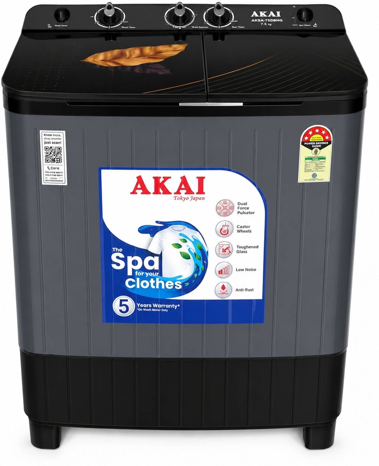 Akai 7.5 kg Semi Auto Top Load Grey Washing Machine - Image 1