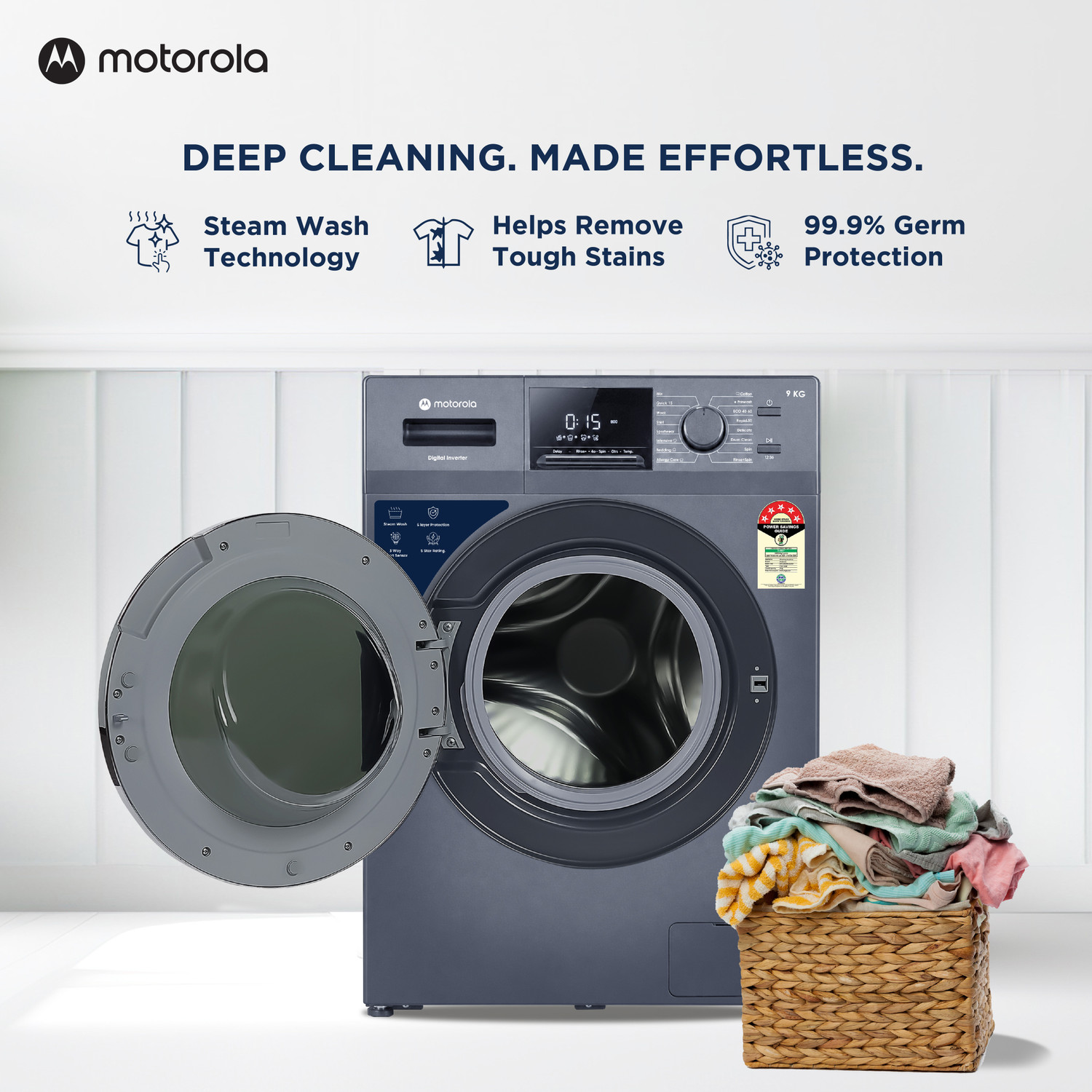 Image of MOTOROLA 9 kg Fully Automatic Front Load Washing Machine with In-built Heater Blue