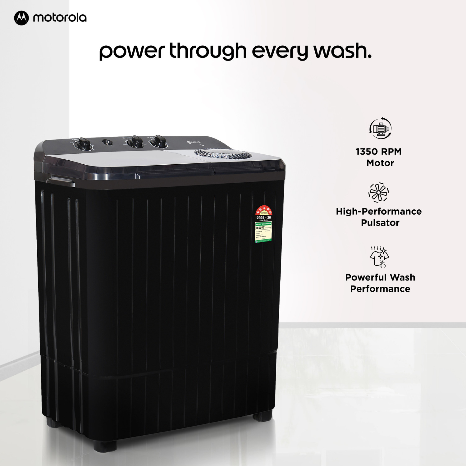 Image of MOTOROLA 7 kg Semi Automatic Top Load Washing Machine Black