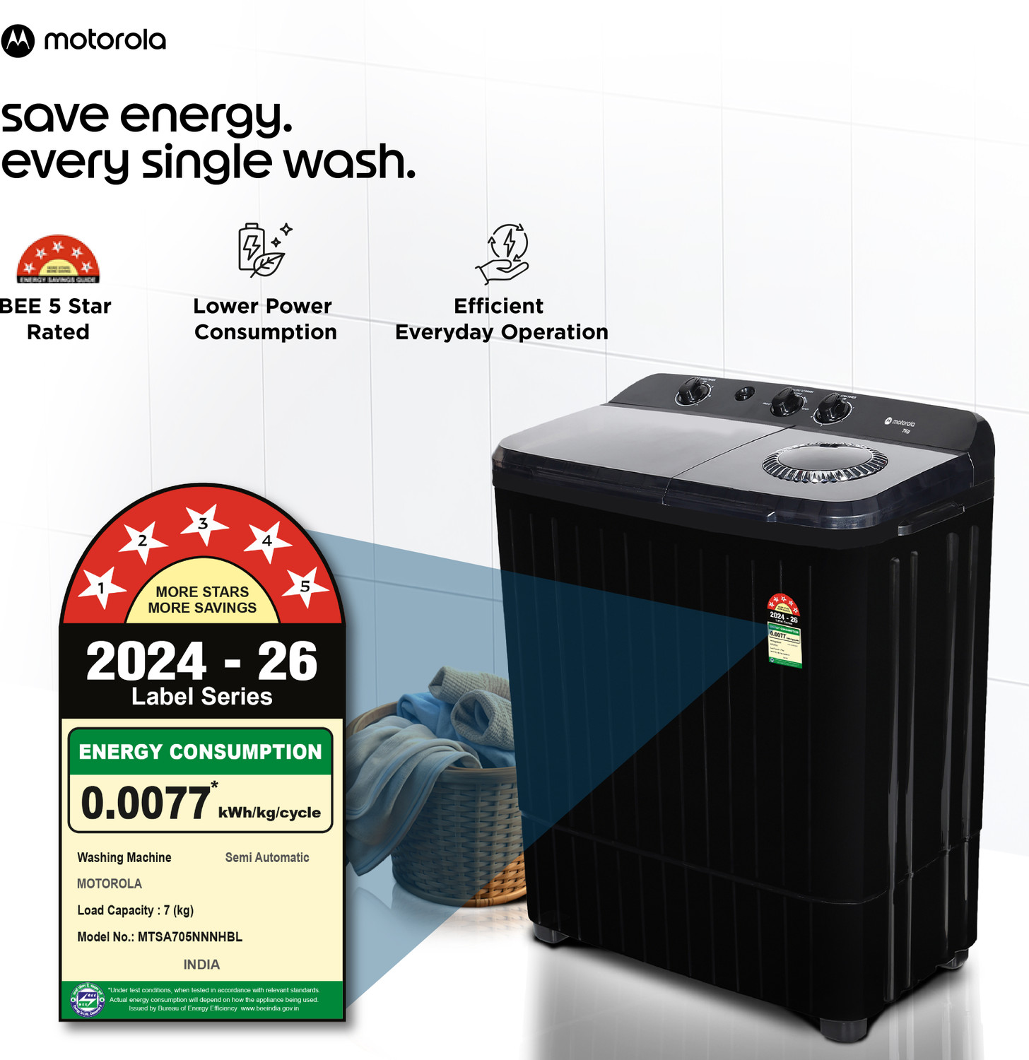 Image of MOTOROLA 7 kg Semi Automatic Top Load Washing Machine Black