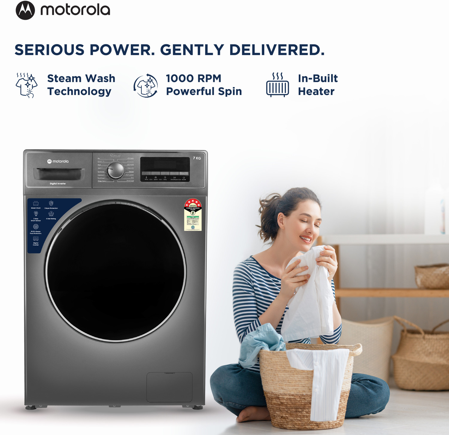 Image of MOTOROLA 7 kg Fully Automatic Front Load Washing Machine with In-built Heater Grey