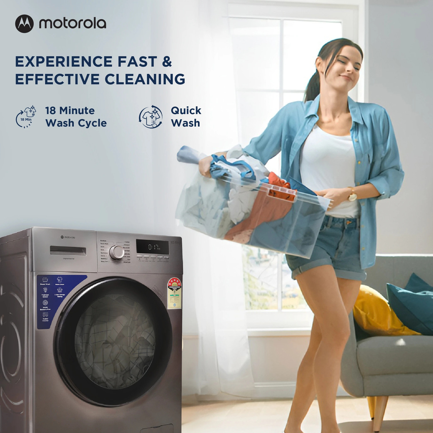 Image of MOTOROLA 10.5 kg Fully Automatic Front Load Washing Machine with In-built Heater Grey