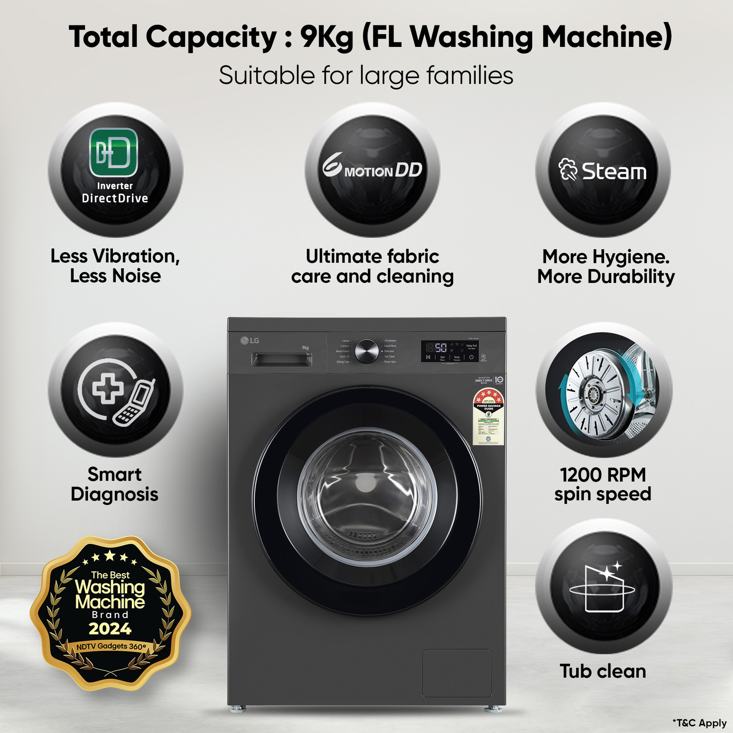 Image of LG 9 kg 5 Star, Inverter Direct Drive Technology, 6 Motion DD, Reduce germs & allergens with steam cycles, In-built Heater, Touch Panel Fully Automatic Front Load Washing Machine with In-built Heater Black, Grey