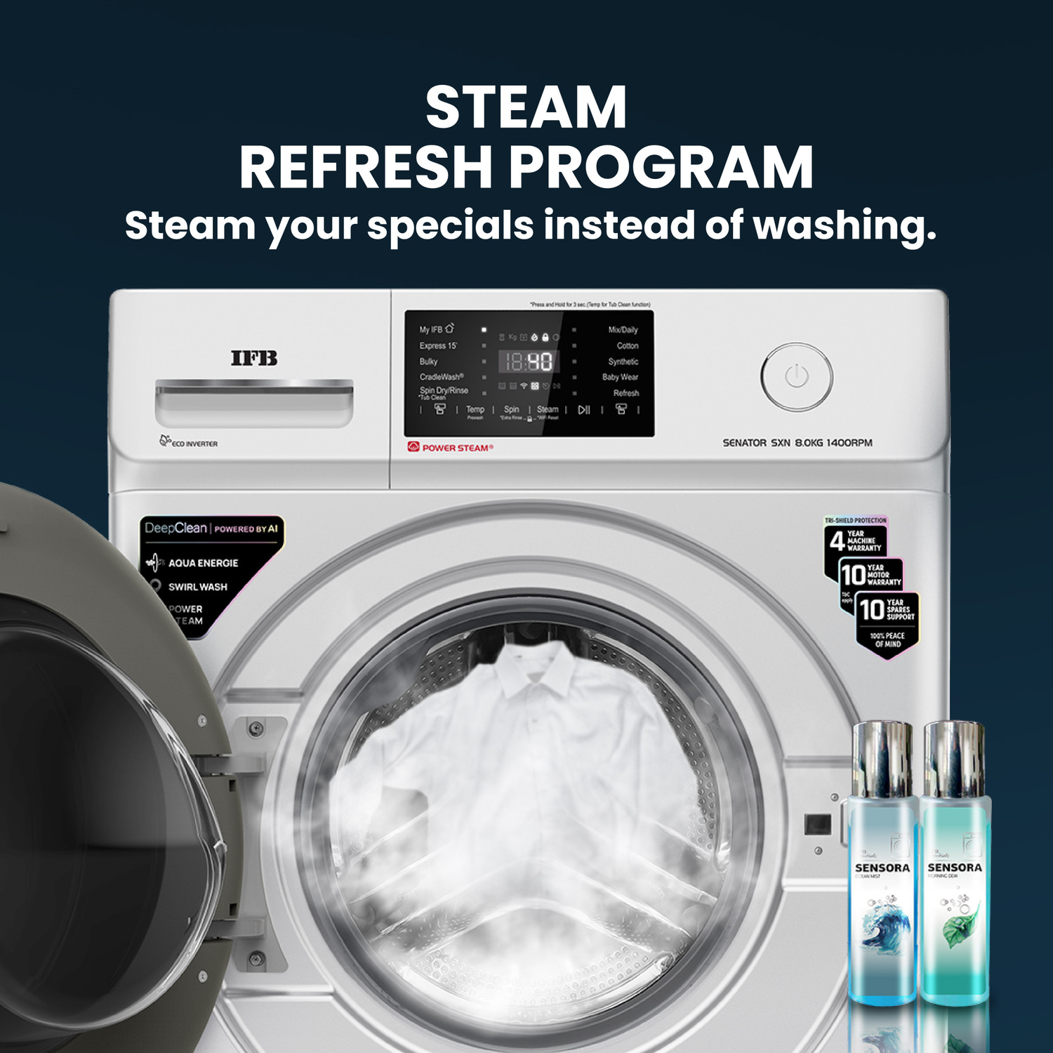 Image of IFB 8 kg 5 Star with Steam Refresh program, 9 Swirl Wash, Eco Inverter, Touch Panel with AI Fully Automatic Front Load Washing Machine with In-built Heater Silver