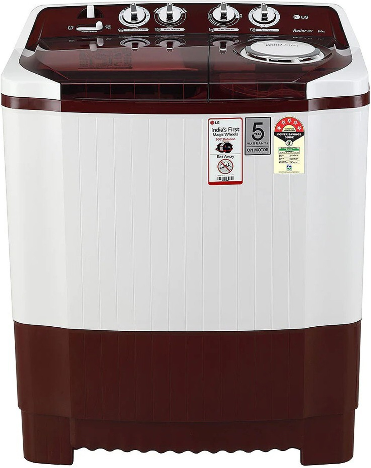 Image of LG 8 kg 5 Star with Roller Jet Pulsator with Soak, Wind Jet Dry and Rat Away, 6 Kg (Spin Tub Capacity) Semi Automatic Top Load Washing Machine Maroon, White