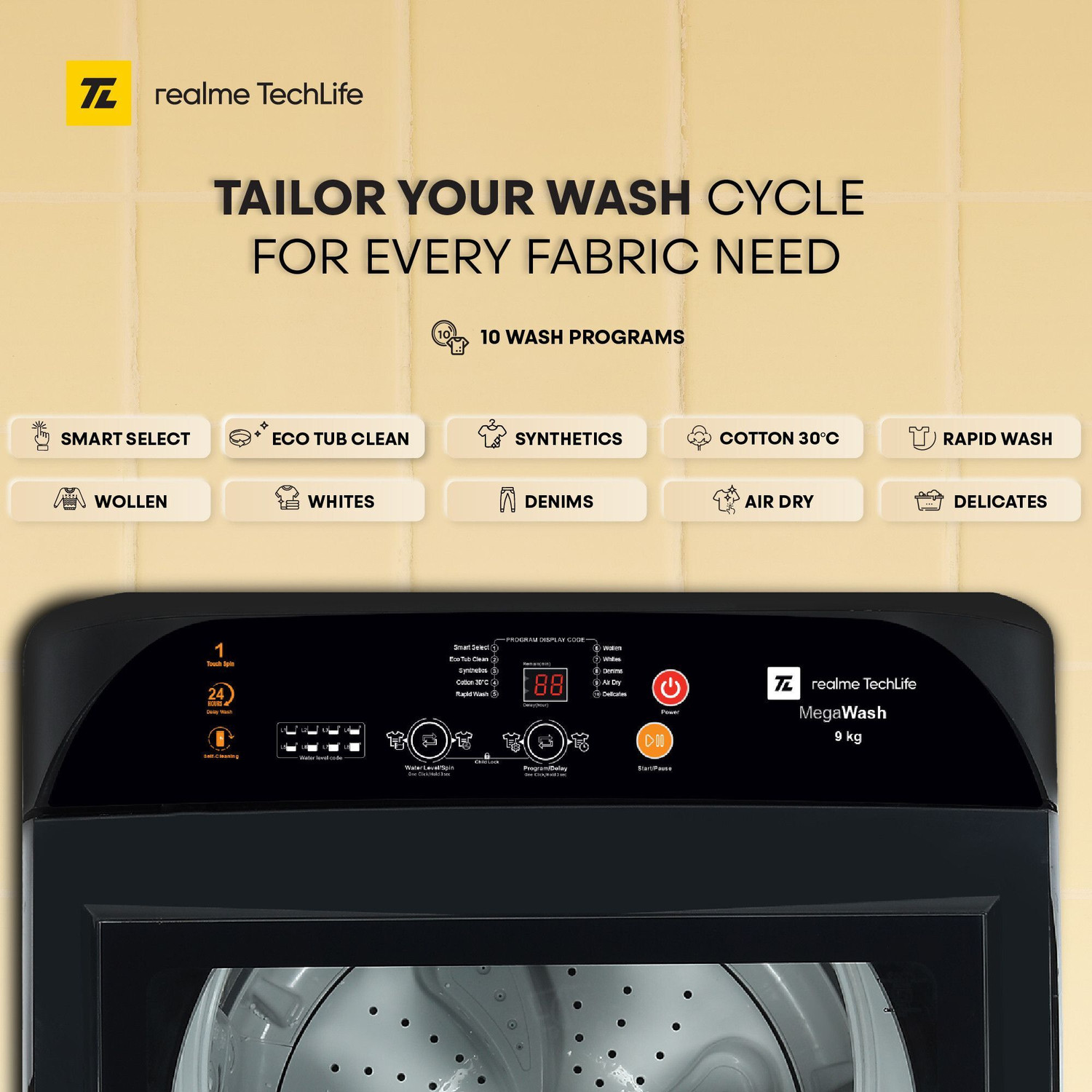 Image of realme TechLife 9 kg MegaWash Range Fully Automatic Top Load Washing Machine Grey