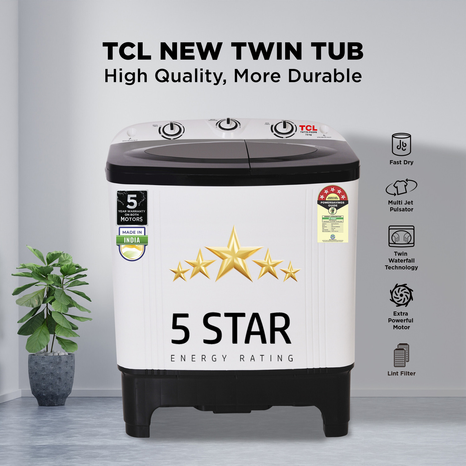 Image of TCL 7 kg 5 Star with Extra Powerful Motor, Lint Filter and Fast Dry Semi Automatic Top Load Washing Machine Black