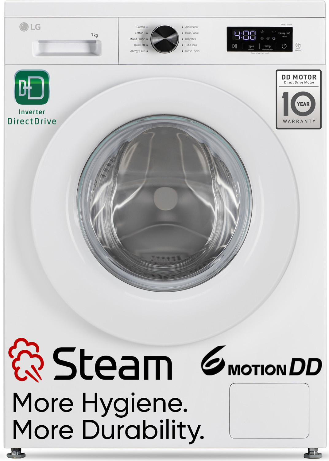 Image of LG 7 kg 5 Star, Allergen free with Steam, Inverter Direct Drive - Less vibration, less noise, 6 Motion Direct Drive, Touch Panel, 1200 RPM, Essence Fully Automatic Front Load Washing Machine with In-built Heater White