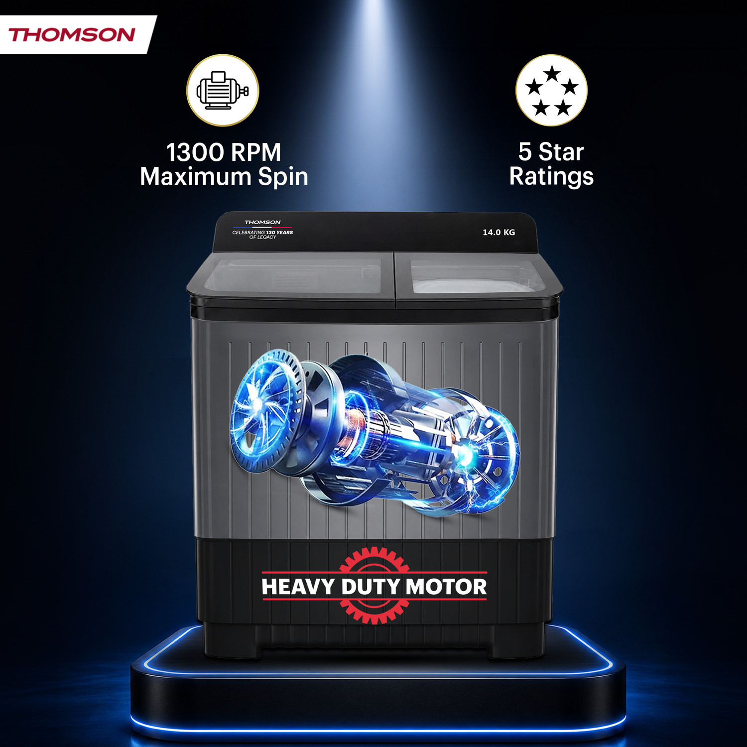Image of Thomson 14 kg 5 Star Aqua MagicToughened Glass with soft closure, Heavy Duty Motor, Magic Filter, Advance Soak Technology, Double Waterfall, Quad Flow Pulsator Technology, Aqua Balancer Technology, Semi Automatic Top Load Washing Machine Black
