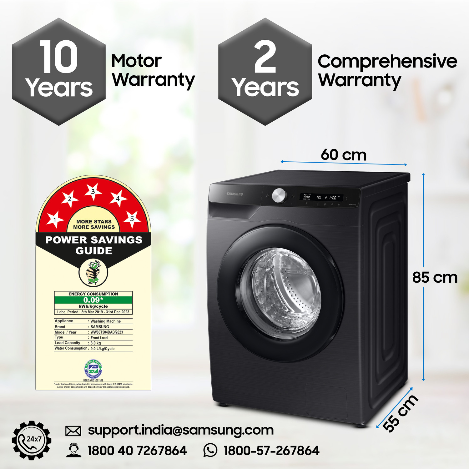 Image of Samsung 8 kg 5 Star, AI Ecobubble, Wi-Fi, Hygiene Steam,Digital Inverter Fully Automatic Front Load Washing Machine with In-built Heater Black