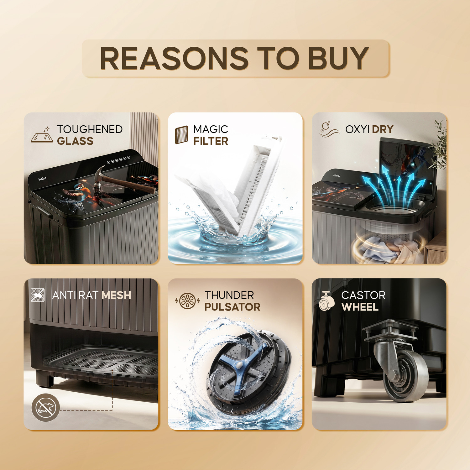 Image of Haier 11 kg Thunder Pulsator, Toughened Glass Lid, Oxyi Dry, Magic Filter & Castor Wheels Semi Automatic Top Load Washing Machine Black