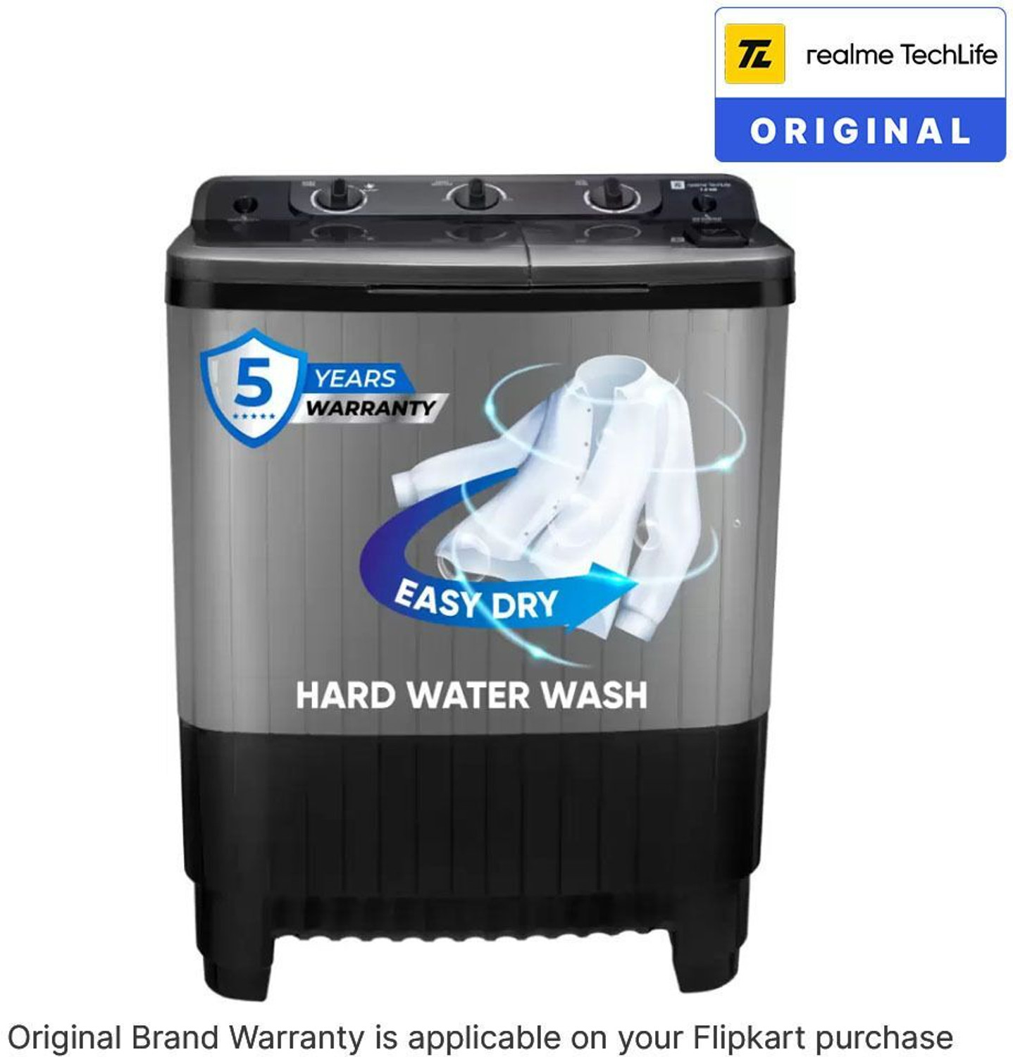 Image of realme TechLife 7.5 kg 5 Star Rating Semi Automatic Top Load Washing Machine Black, Grey