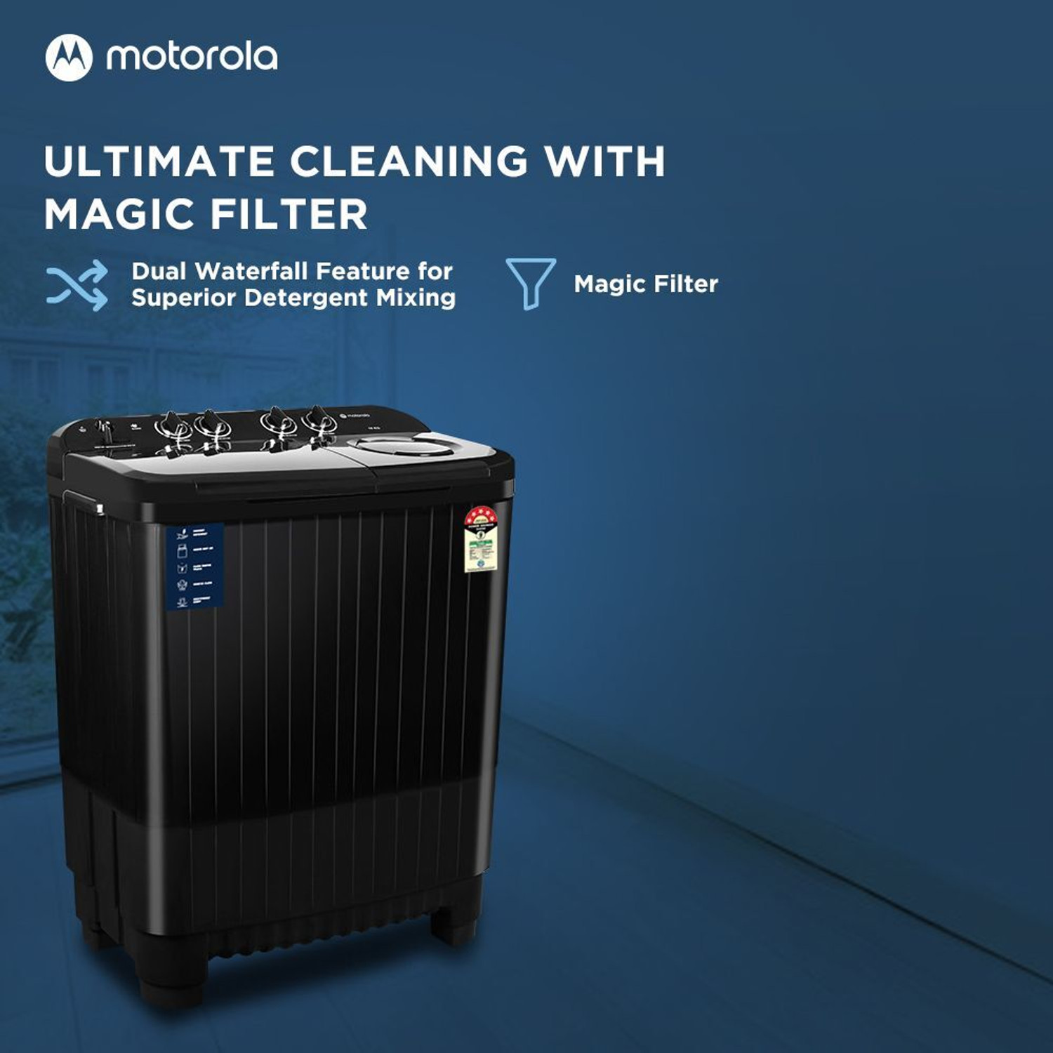 Image of MOTOROLA 10 kg 5 star rating Midnight Series Semi Automatic Top Load Washing Machine Black