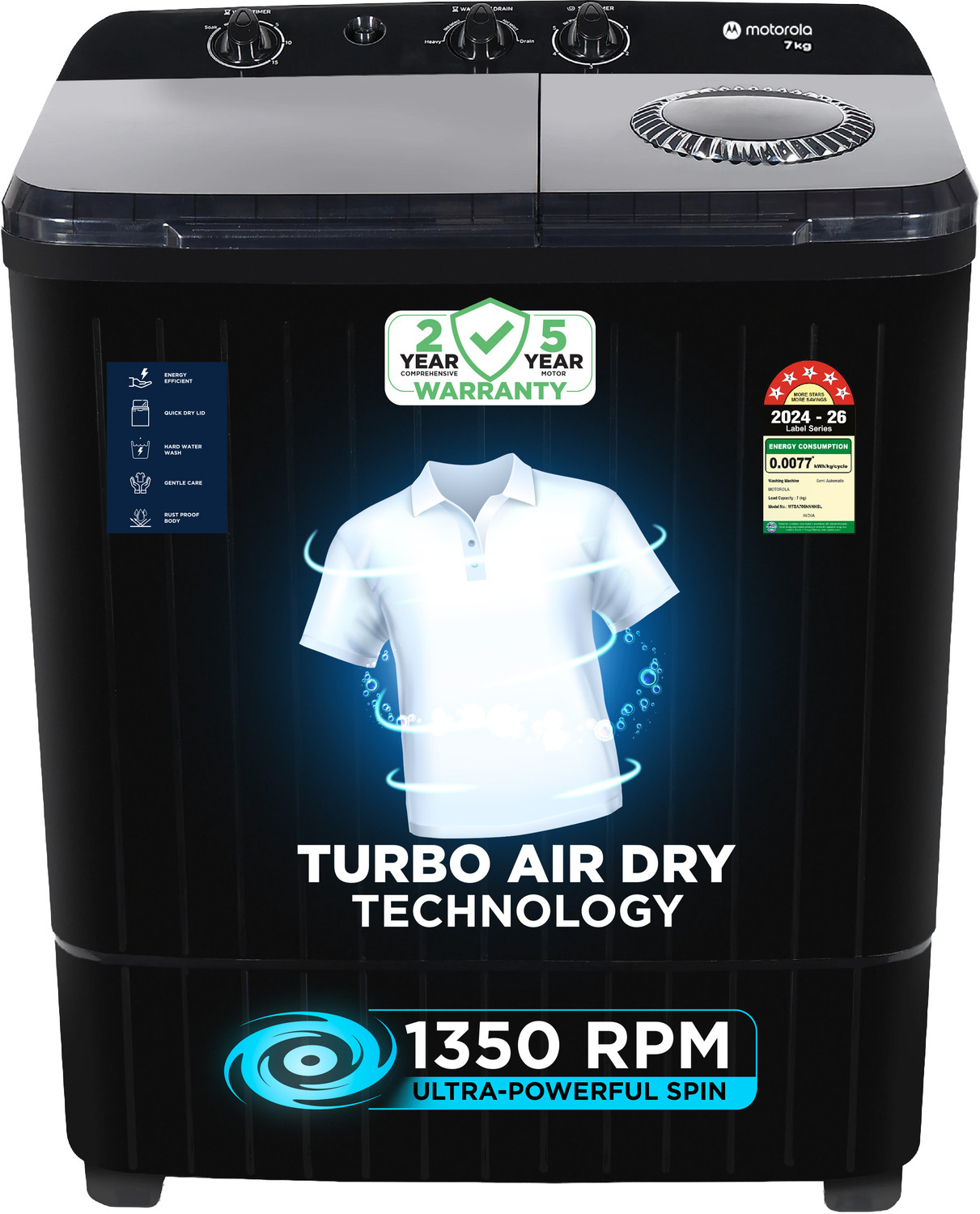 Image of MOTOROLA 7 kg Semi Automatic Top Load Washing Machine Black