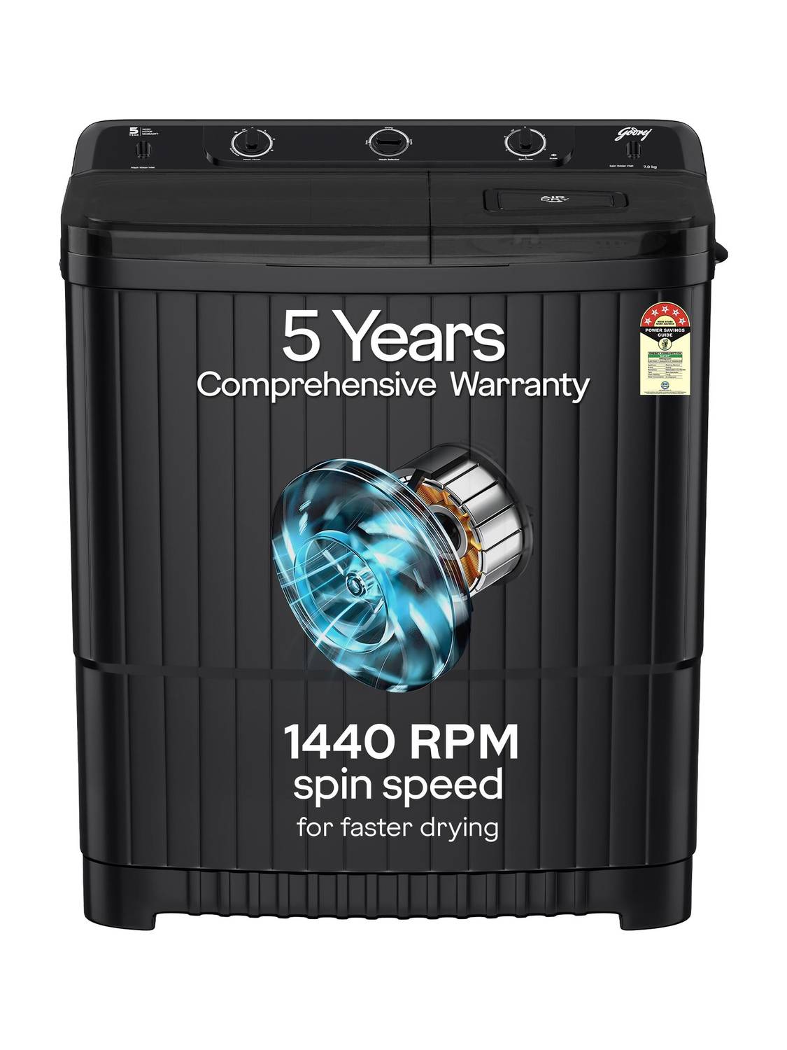 Godrej 7 kg Tri- Roto Pulsator, Spin Shower, Drying at 1400 RPM Speed, Semi Automatic Top Load Washing Machine Grey