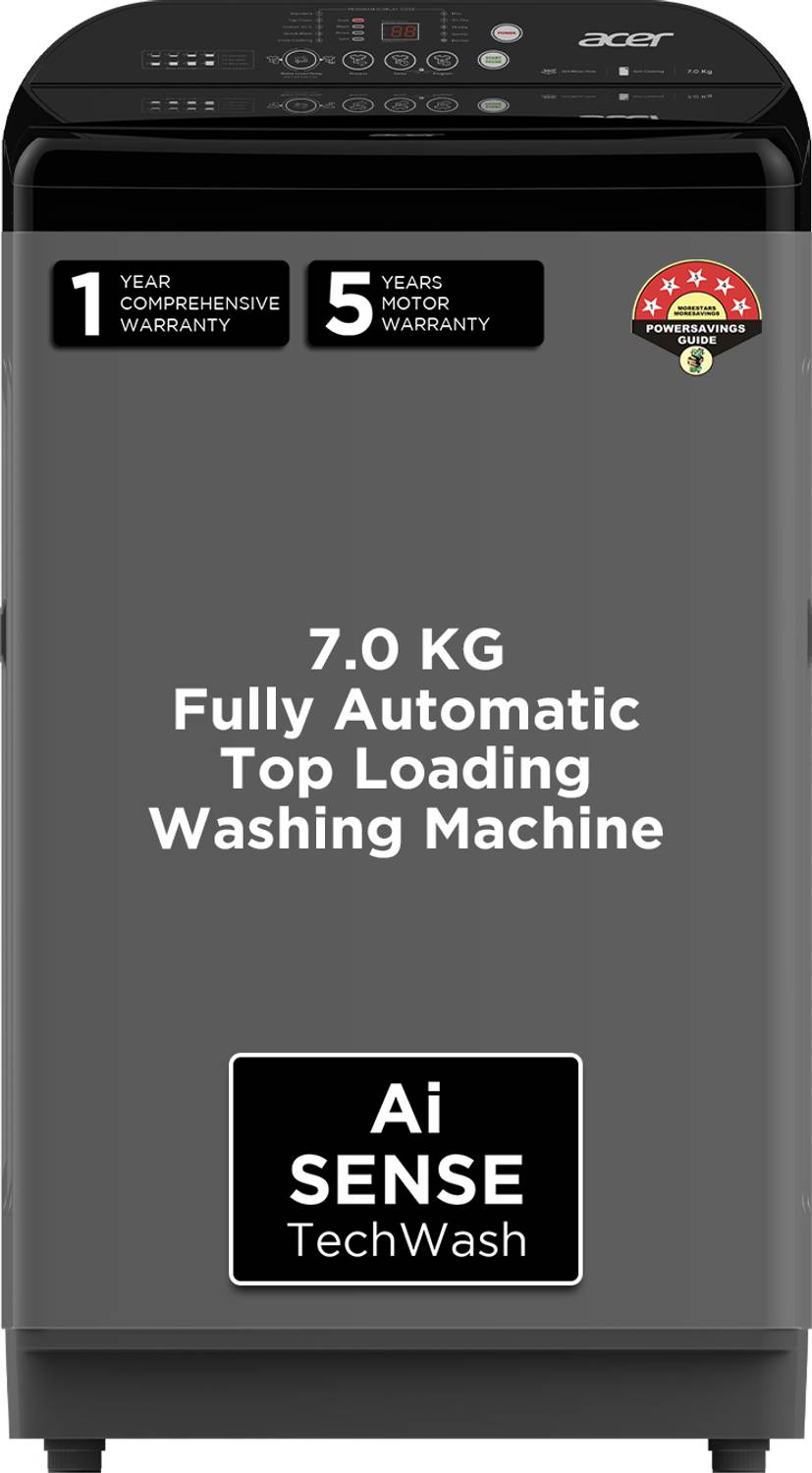 Acer 7 kg Quad Wash Series with AiSense, 5 Star Rating, AutoBalance, HelixFlow Pulsator, Pro-Foam Fully Automatic Top Load Washing Machine Black, Grey